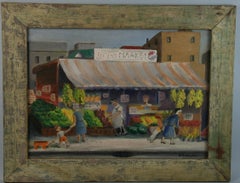 Antique Folk Art Figurative  Oil Painting Tony's Market 1930