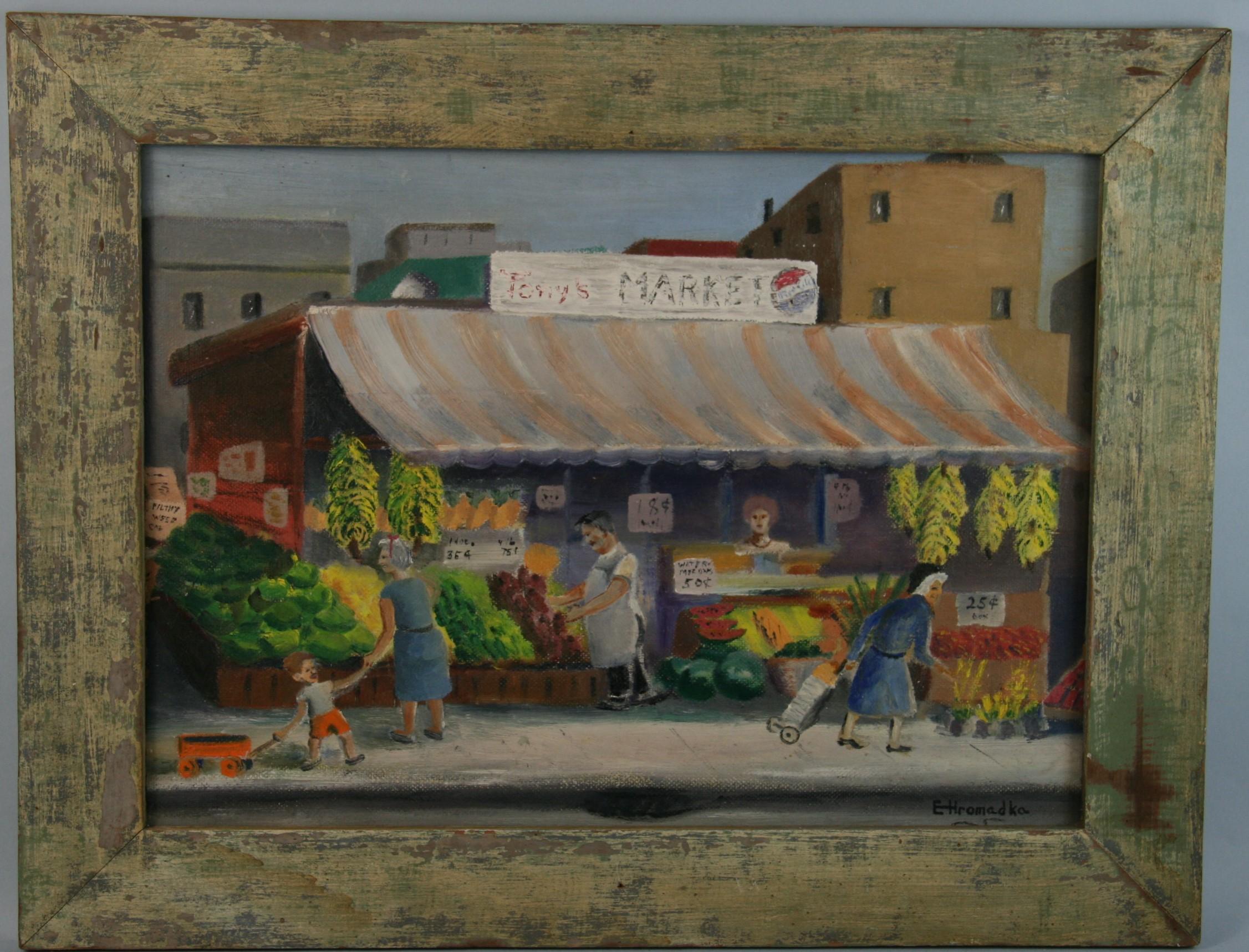 Tony's Obstmarkt, antike Volkskunst, figurativ  Ölgemälde  1930 – Painting von Emily H Romadka
