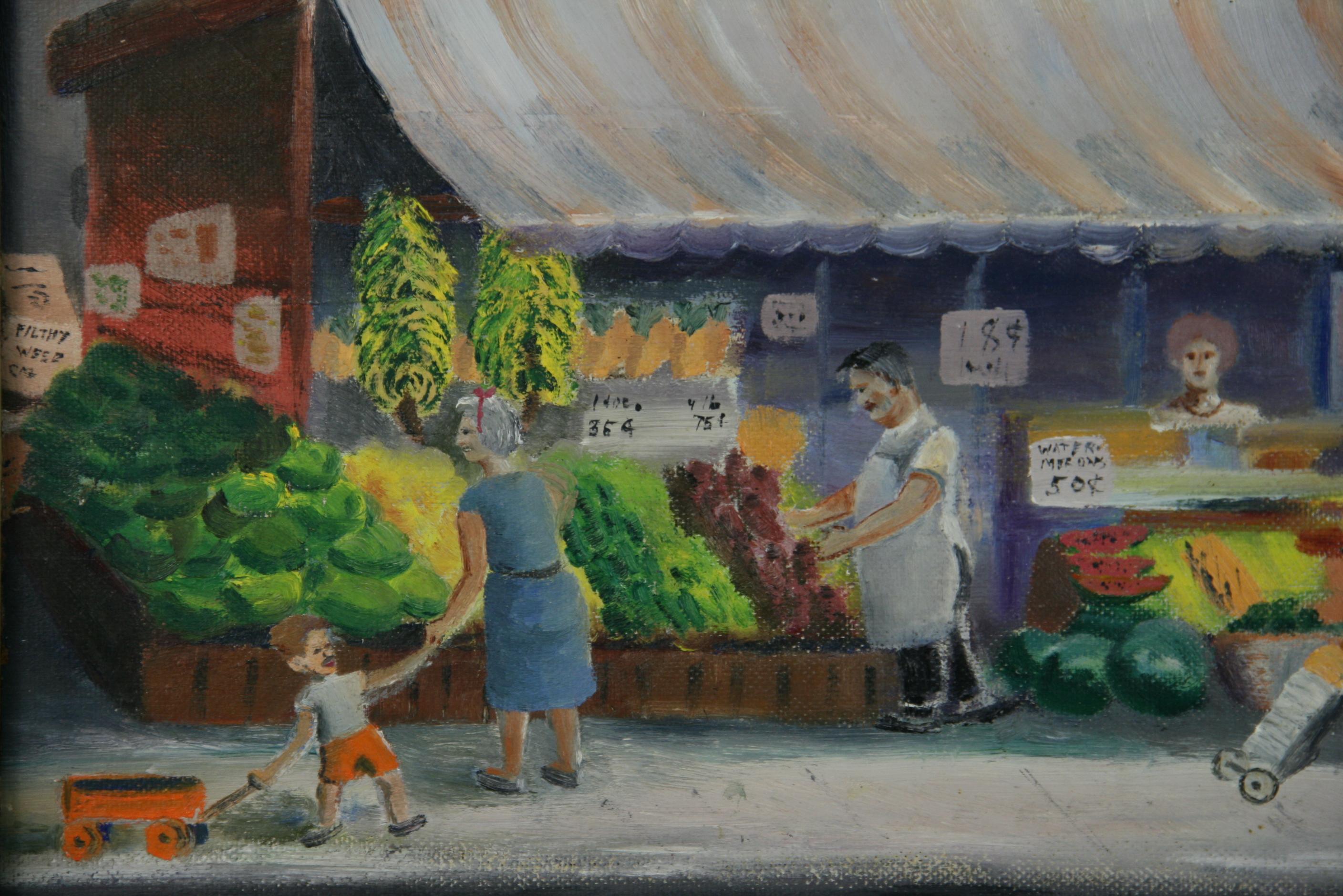 Tony's Obstmarkt, antike Volkskunst, figurativ  Ölgemälde  1930 im Angebot 1