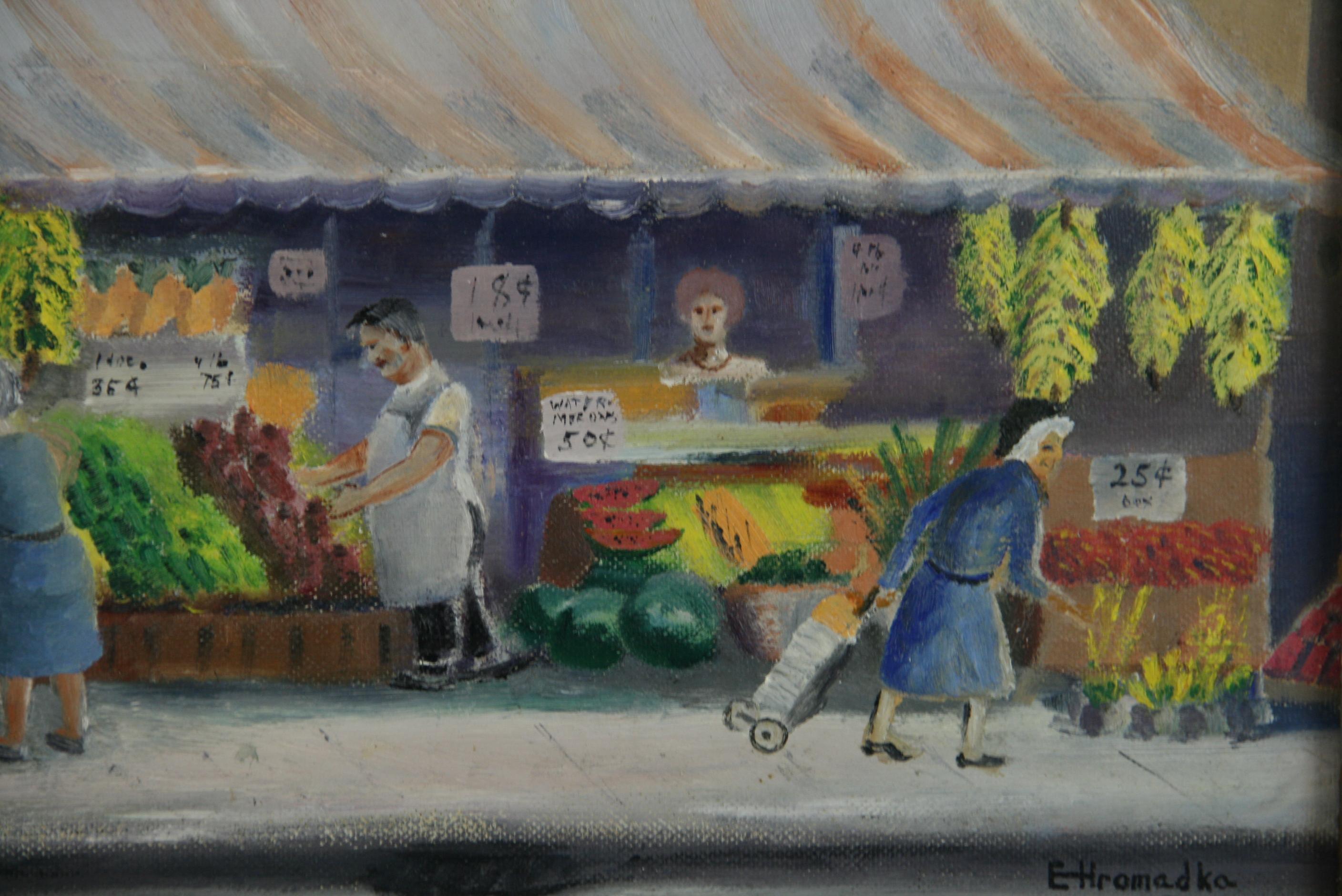 Tony's Obstmarkt, antike Volkskunst, figurativ  Ölgemälde  1930 im Angebot 2