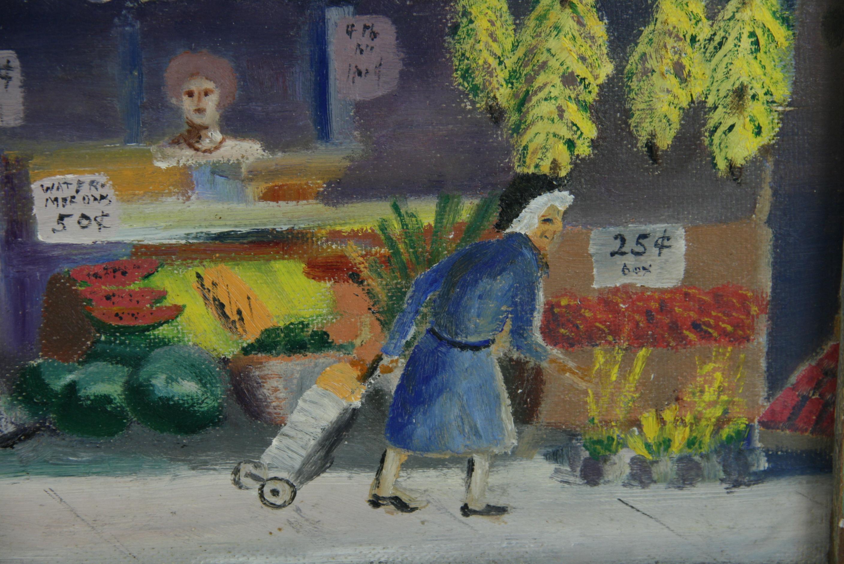 Tony's Obstmarkt, antike Volkskunst, figurativ  Ölgemälde  1930 im Angebot 4