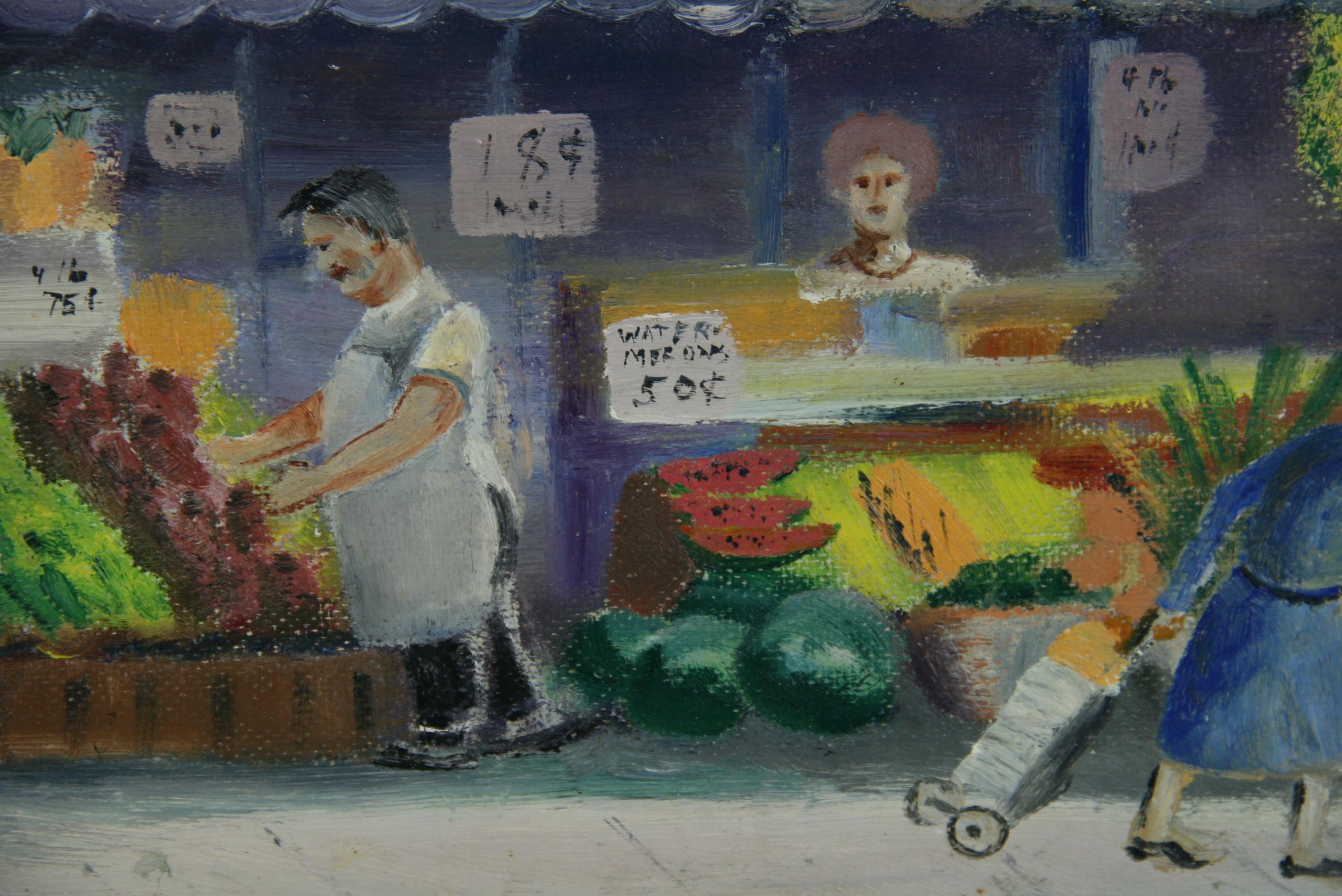 Tony's Obstmarkt, antike Volkskunst, figurativ  Ölgemälde  1930 im Angebot 5