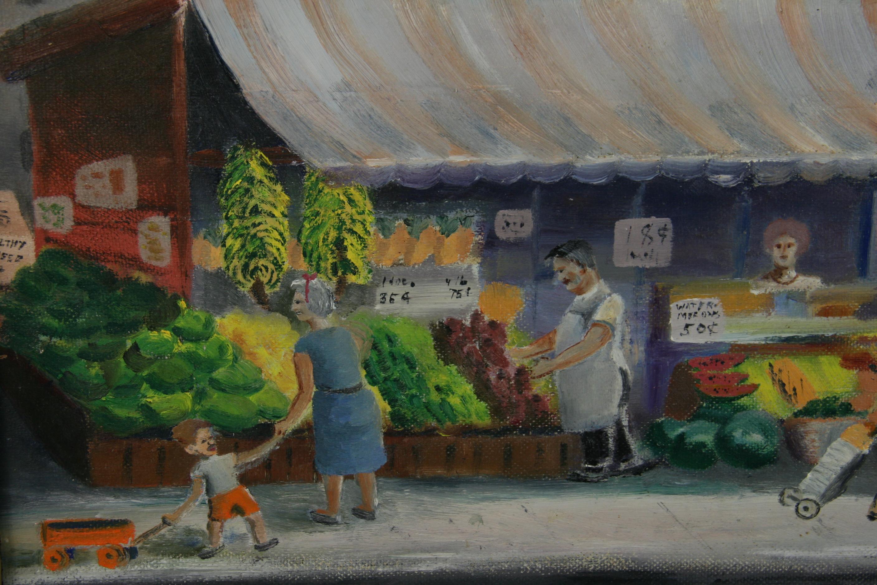Tony's Fruit Market Antique Folk Art Figurative  Oil Painting  1930 For Sale 6