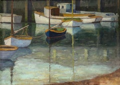 “Boats Resting, Nantucket, 1940” American Impressionist Harbor Scene Wharf Oil