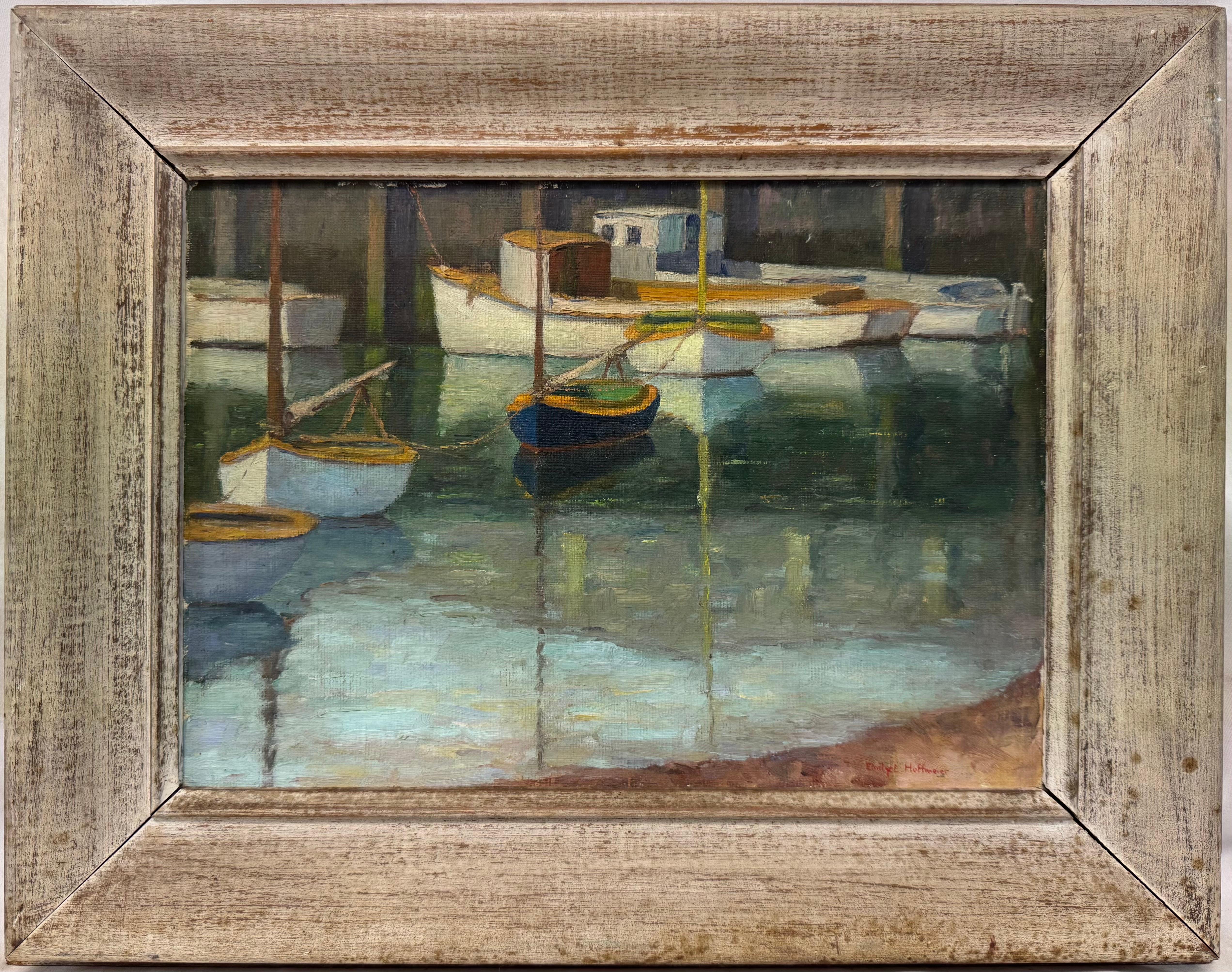Emily Hoffmeier Landscape Painting – "Boote ruhen, Nantucket, 1940" Amerikanischer Impressionist Hafenszene Kai Öl
