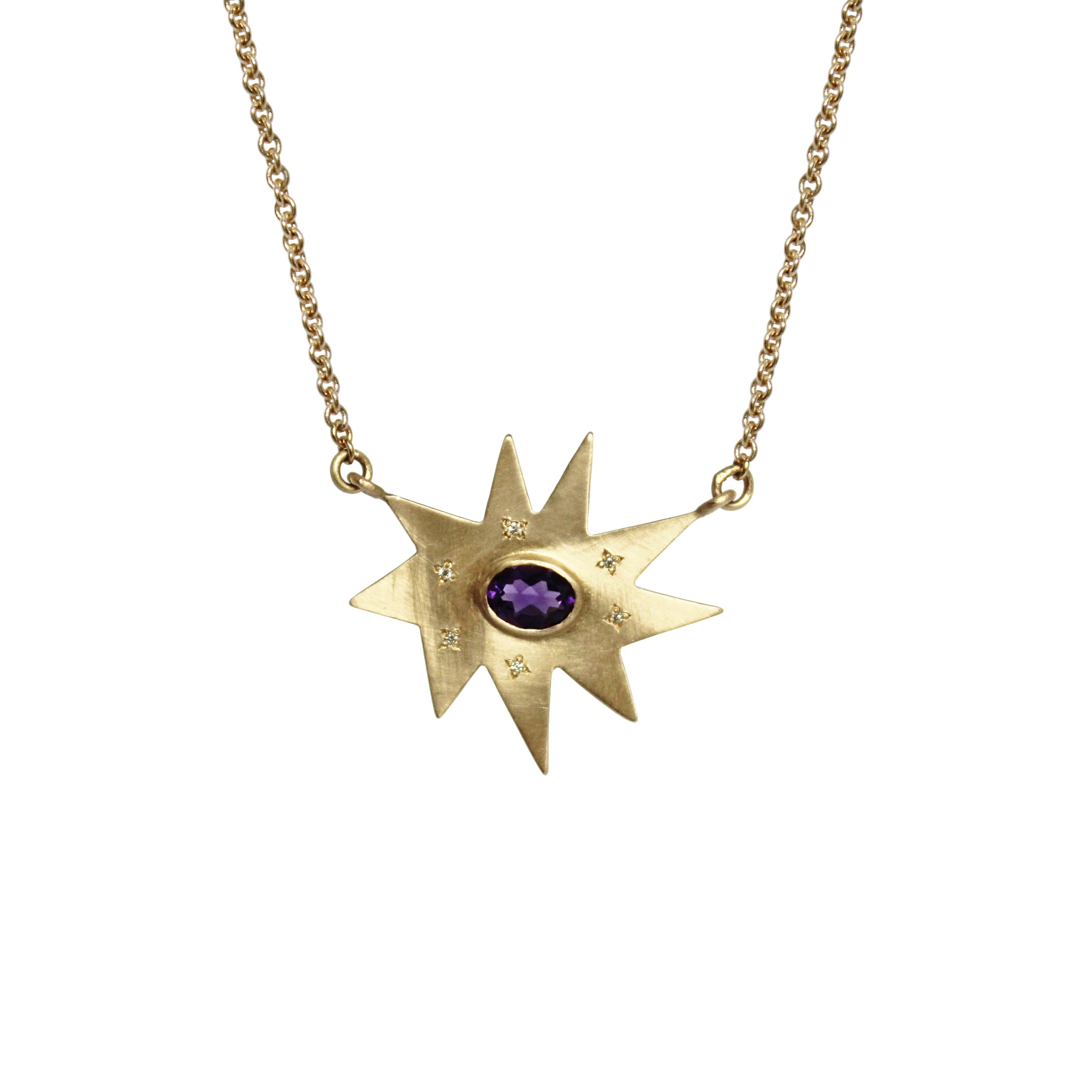 Classic and stunning. Our iconic matte gold organic star Stellina pendant necklace features our signature diamond dusting and a contrasting stunning purple amethyst. Hanging on a delicate gold chain, this piece is made to accent any outfit, and