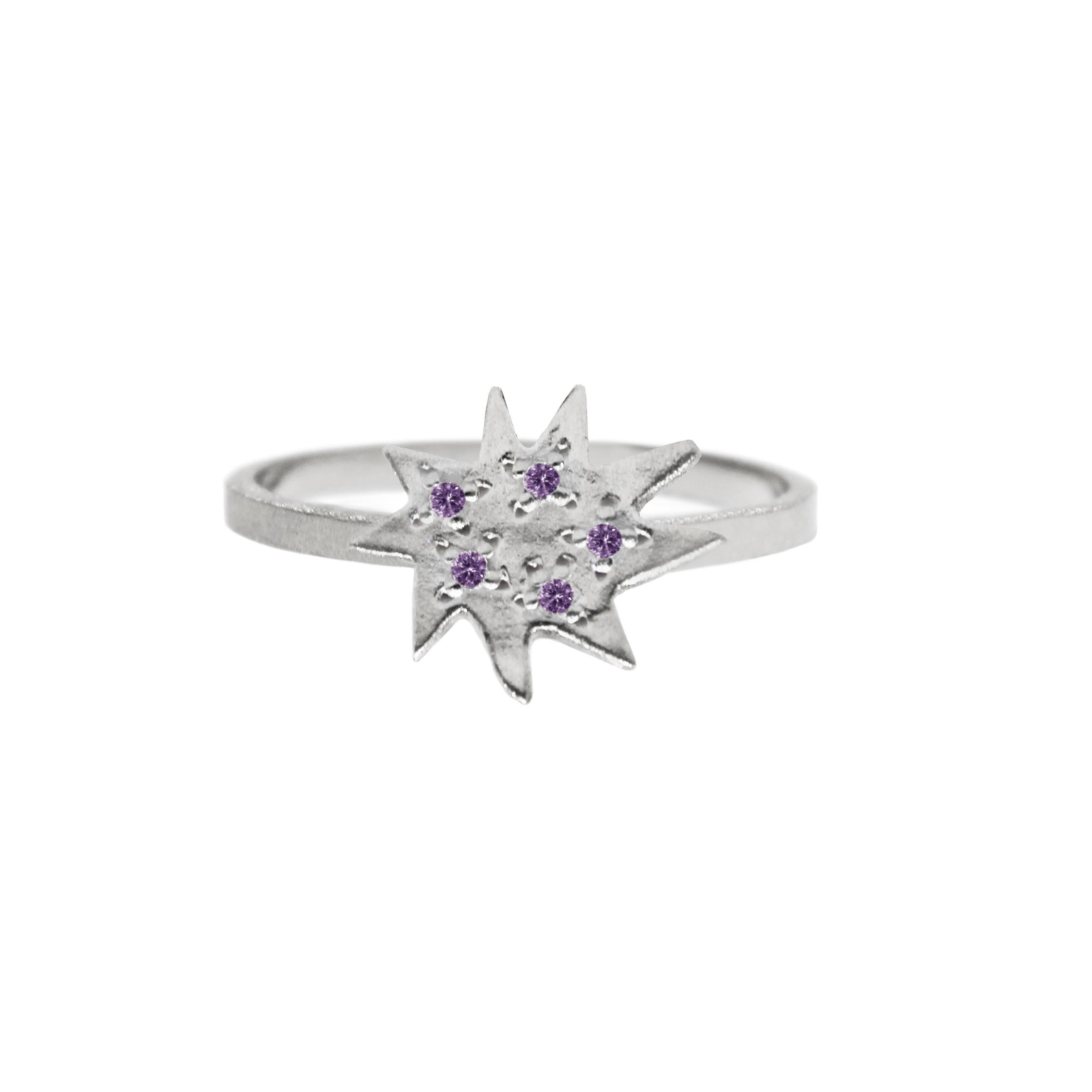 The Mini Stella Ring is here! Our sweet little ring stands strong or on its own or stacked, and also complements all our other Stella Collection pieces. Matte finish sterling silver ring with our Mini Stella, enhanced by 5 tiny amethysts to make it