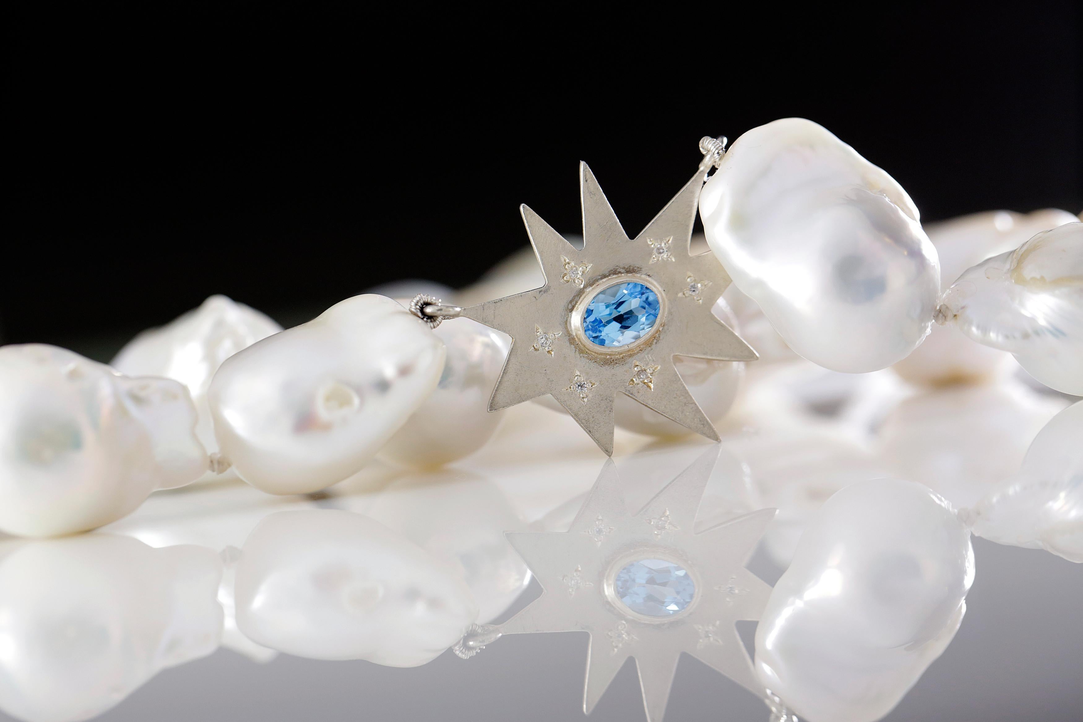 Contemporary Emily Kuvin Baroque Pearl Necklace with Diamonds, Blue Topaz
