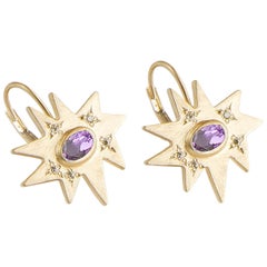 Emily Kuvin Gold and Amethyst Organic Star Lever Back Earrings