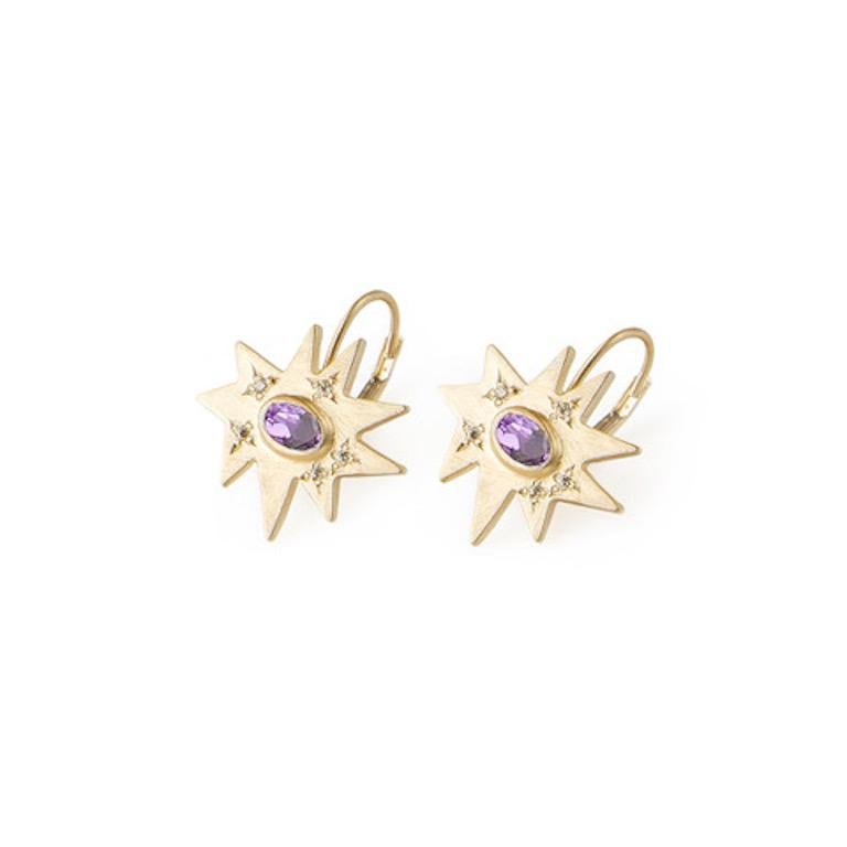 Emily Kuvin Gold and Amethyst Organic Star Lever Back Earrings