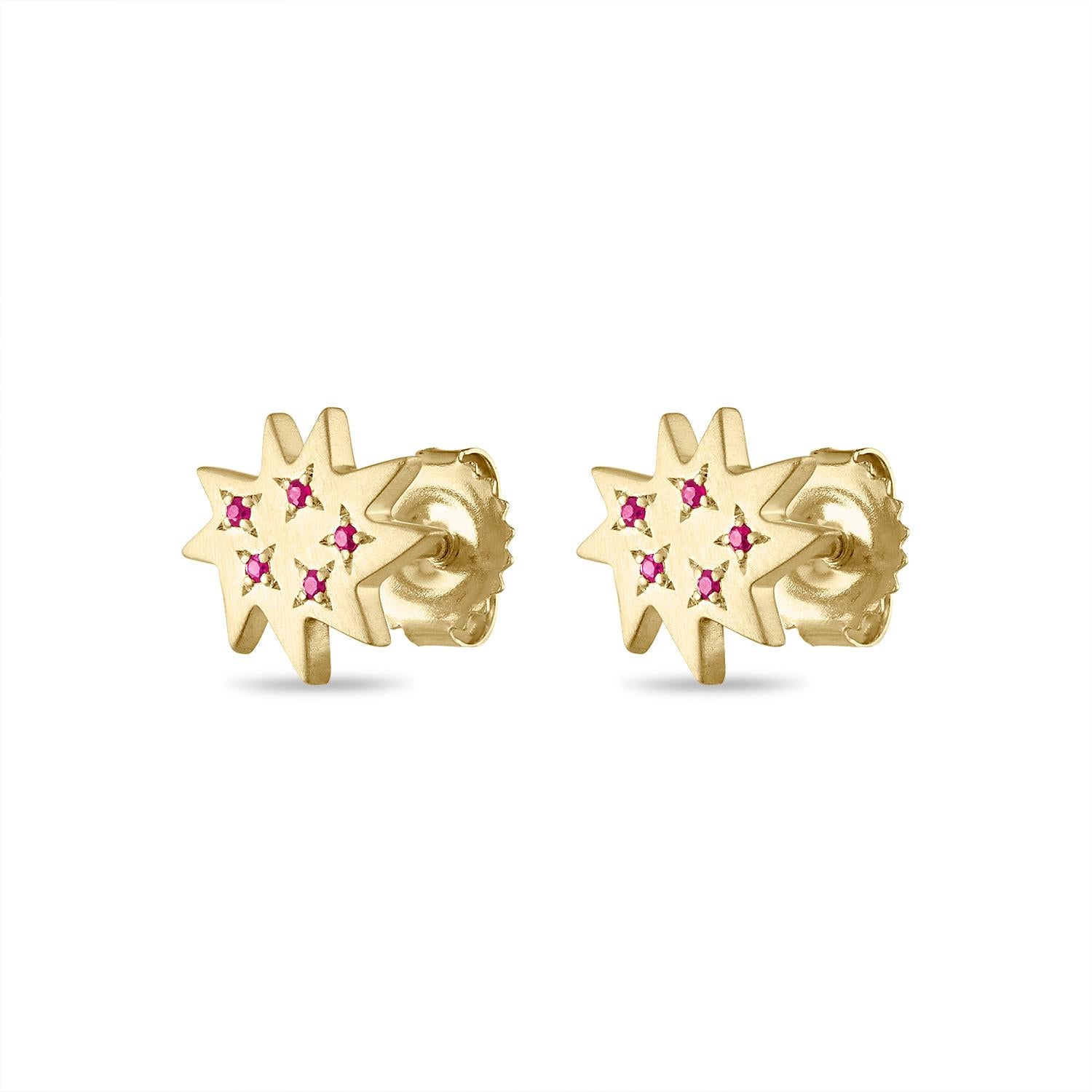 Perfect everyday earrings! Our new Mini Stella Studs go from morning to night with ease. Our iconic 14k gold organic star in our delicate mini size flatters everyone and adds a touch of sparkle with five tiny rubies on each stud. And now through the