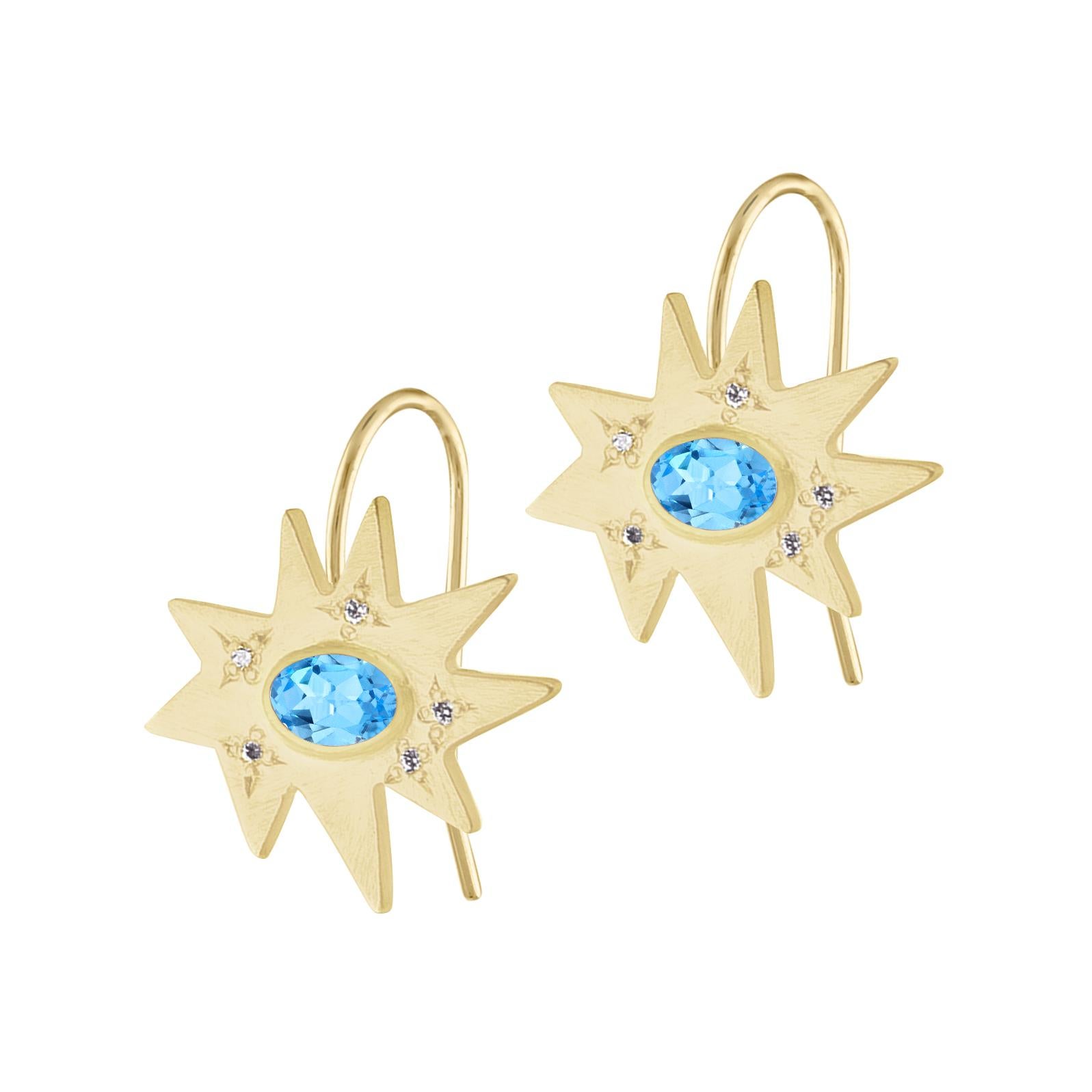 The perfect drop for any occasion. Our iconic matte gold organic shape Stellina stars are elegant on fixed French wires. Featuring our signature diamond dusting and stunning blue topaz centers, these earrings are full of sparkle.

KAPOW! The Stella
