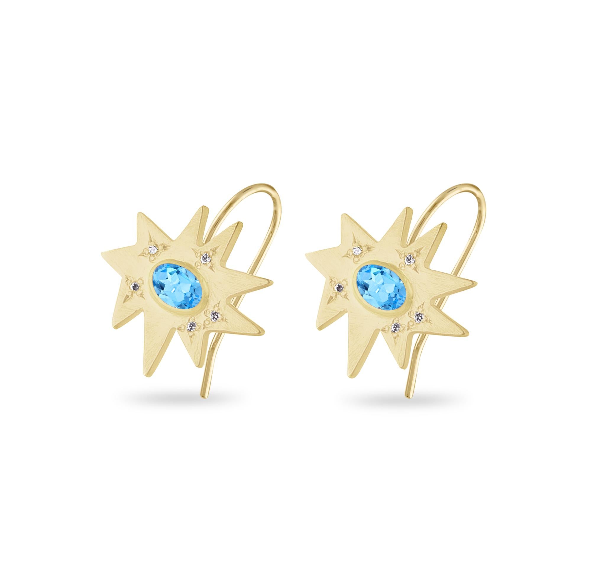 Contemporary Emily Kuvin Gold, Diamond and Blue Topaz Organic Star Earrings For Sale
