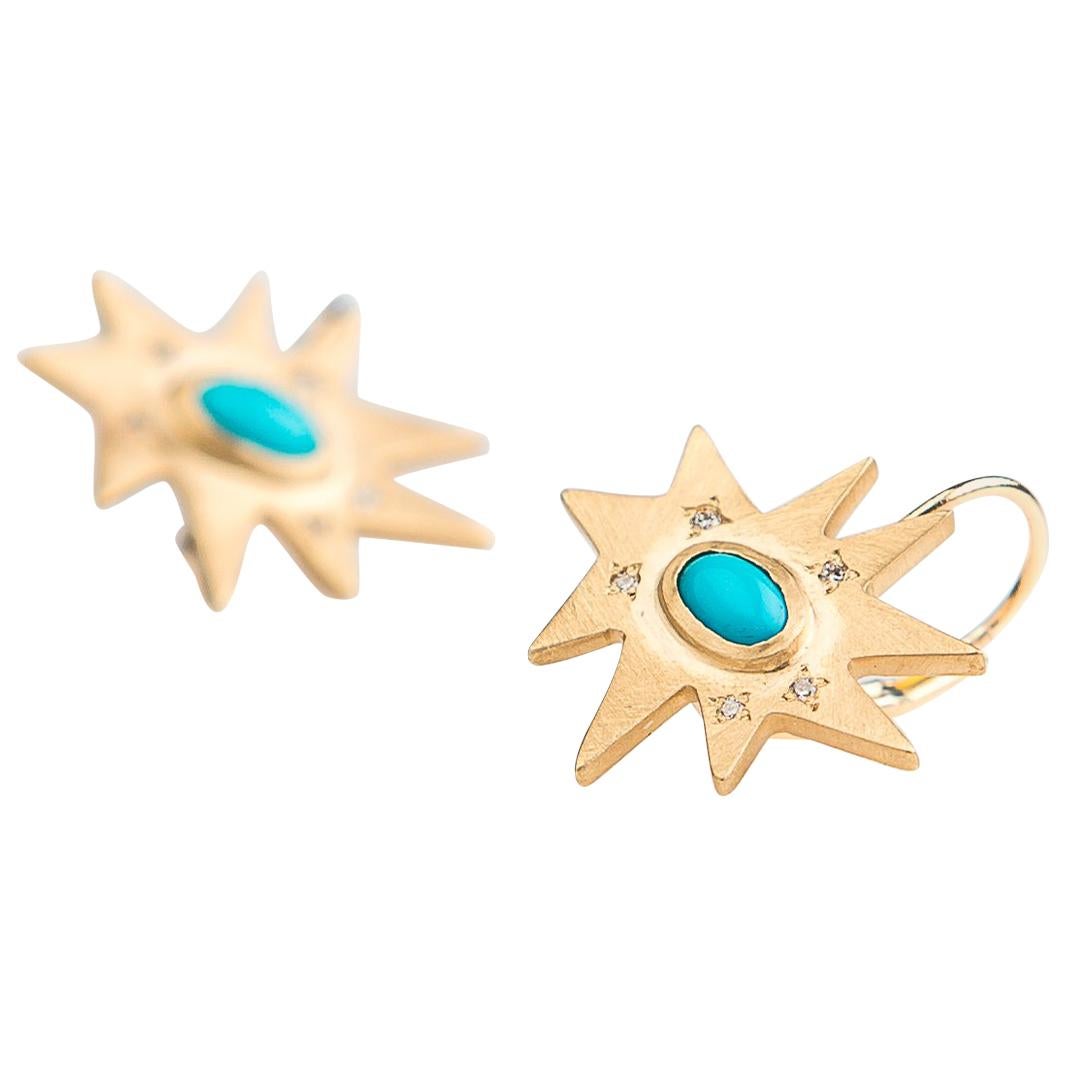 Emily Kuvin, boucles d'oreilles étoiles organiques en or, diamants et topaze bleue en vente