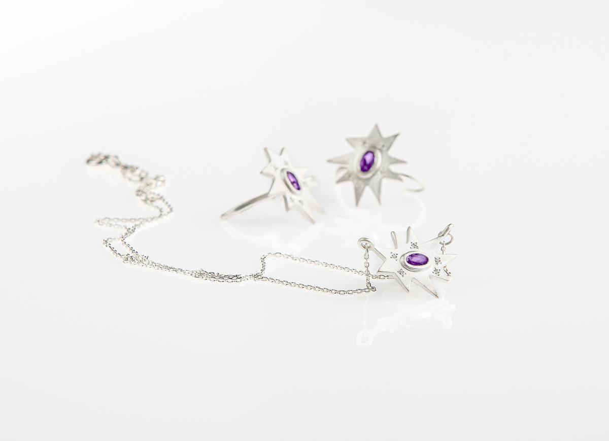 Contemporary Emily Kuvin Silver, Diamond and Amethyst Star Drop Lever Back Earrings
