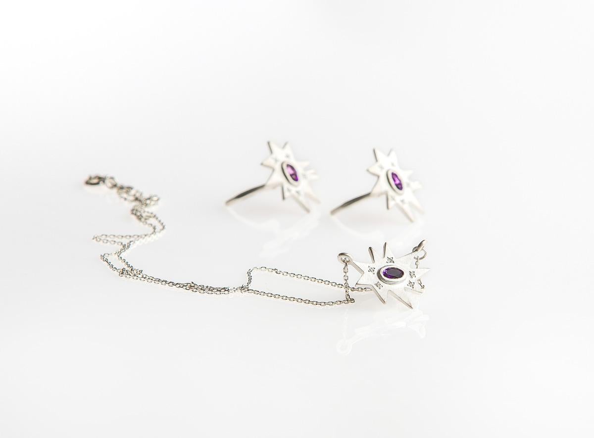 Emily Kuvin Silber, Diamant und Amethyst Stern Tropfen-Ohrringe mit Hebelverschluss (Ovalschliff)