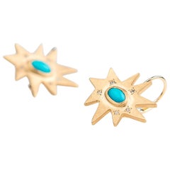 Emily Kuvin Gold, Diamond and Turquoise Organic Star Lever Back Earrings