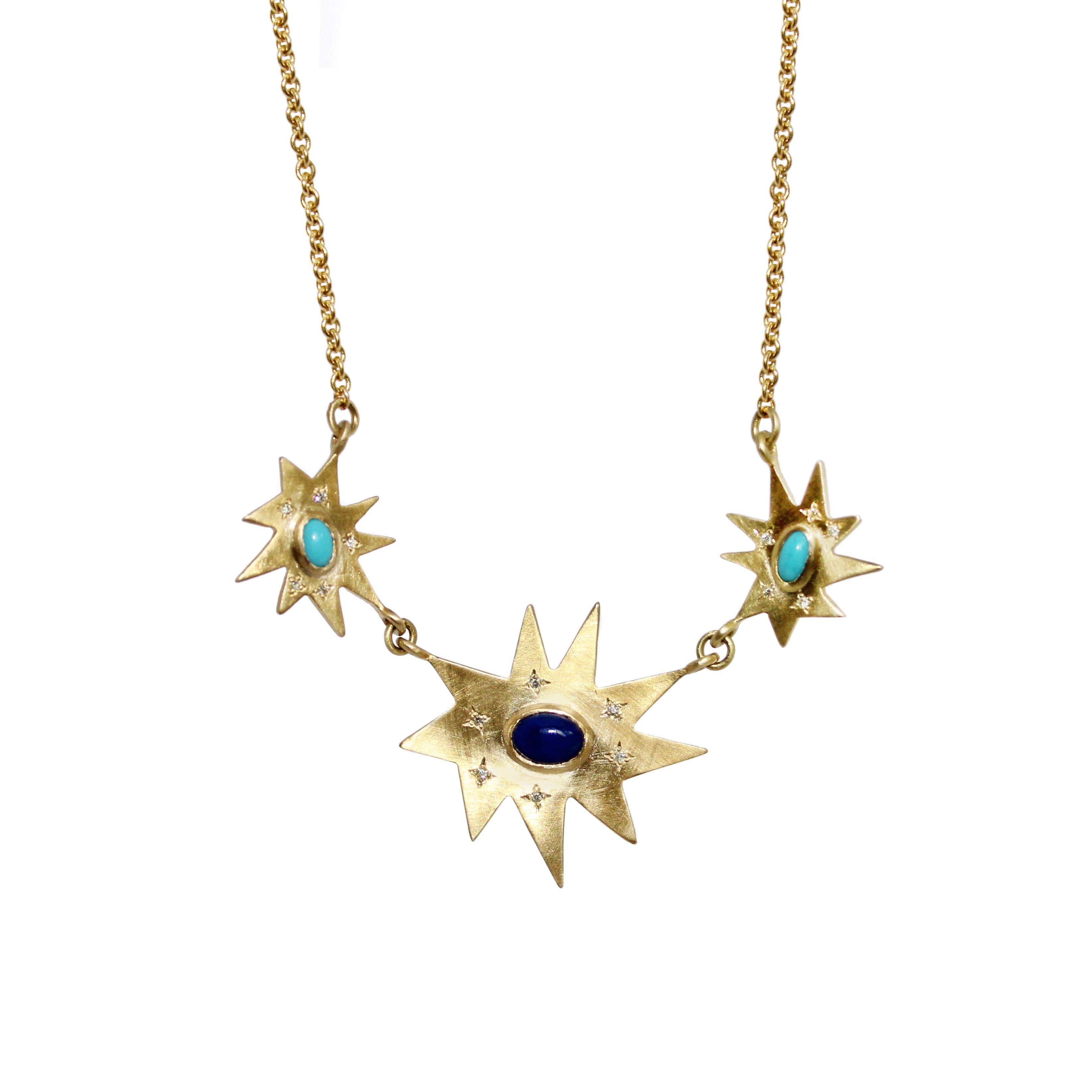 Emily Kuvin Gold, Diamond, Lapis and Turquoise Statement Necklace For Sale