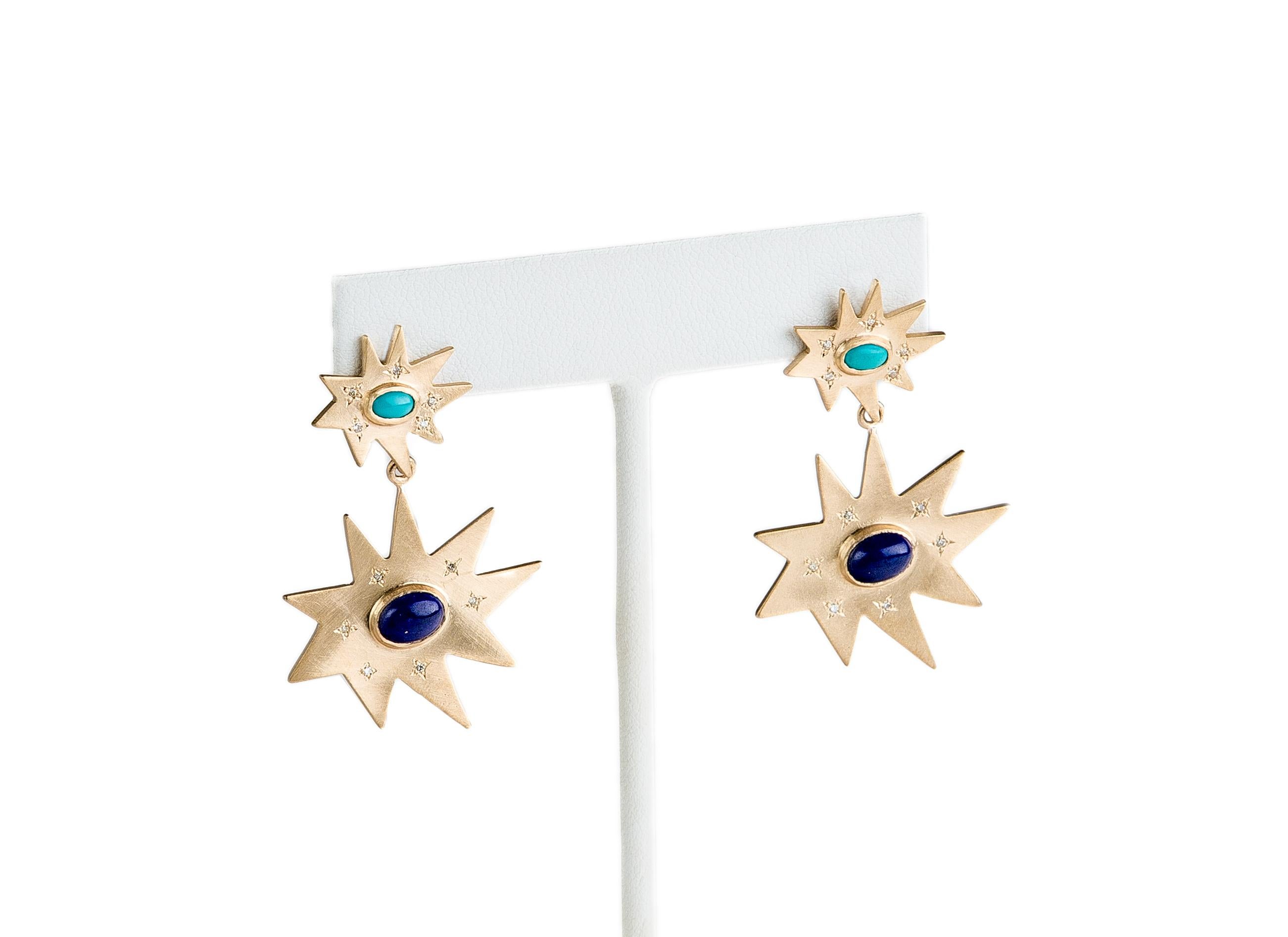 When gorgeous and elegant is what you want, these earrings fit the bill. Gorgeous 14k yellow gold Stellina and Stella double earrings feature our signature dusting of diamonds, and vibrant lapis lazuli and turquoise. On gold posts.
 
KAPOW! The