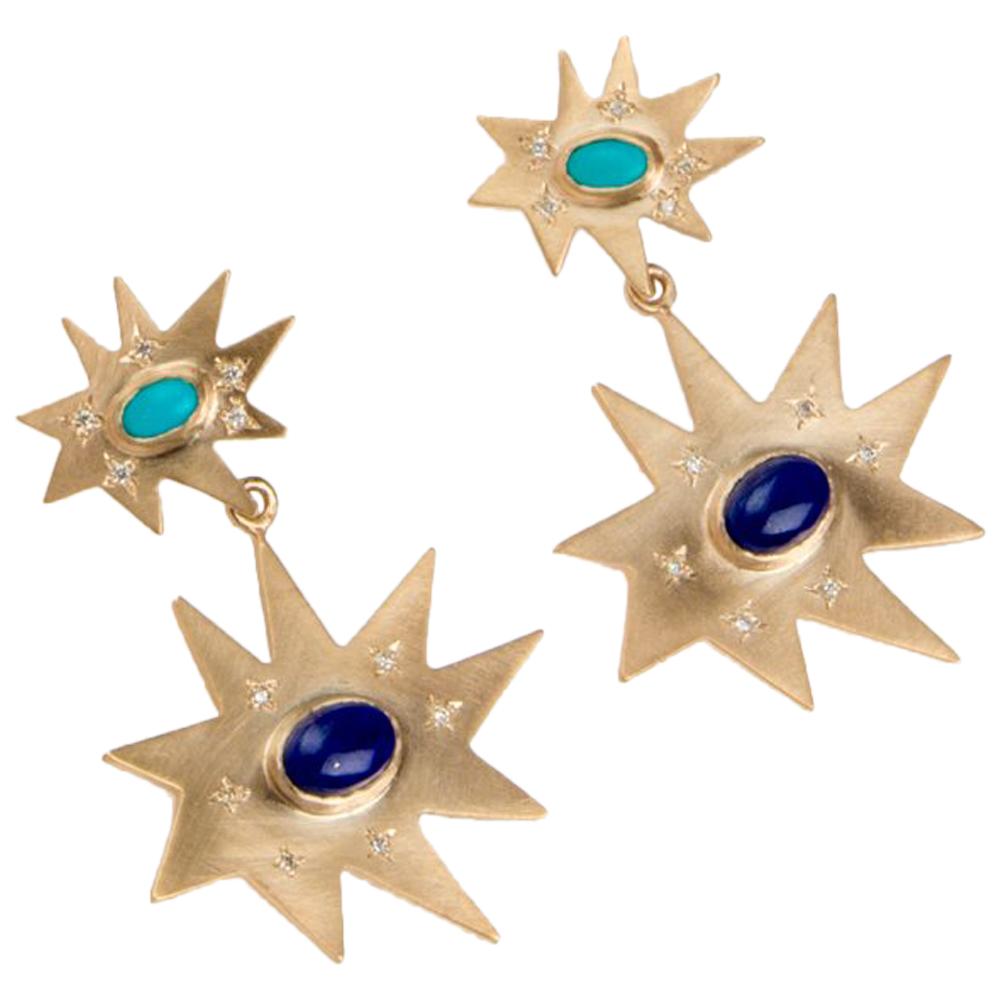 Emily Kuvin Gold Double Statement Earrings with Lapis, Turquoise and Diamonds For Sale