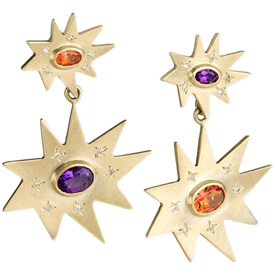 Emily Kuvin Gold Earrings Double Stars, Amethyst and Topaz