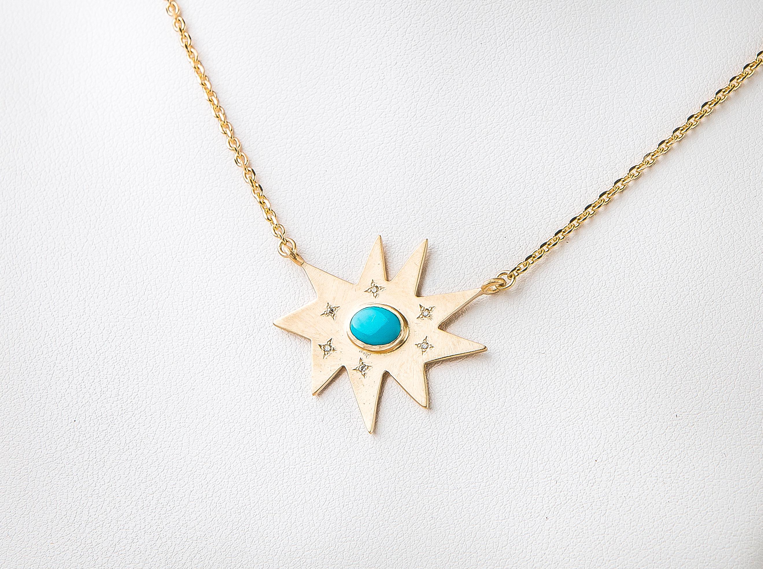 Classic and stunning. Our iconic matte gold organic star shape Stella necklace features our signature diamond dusting and a vibrant turquoise center. Hanging on a substantial gold chain, this colorful piece is luxe and weighty. Perfect to wear alone