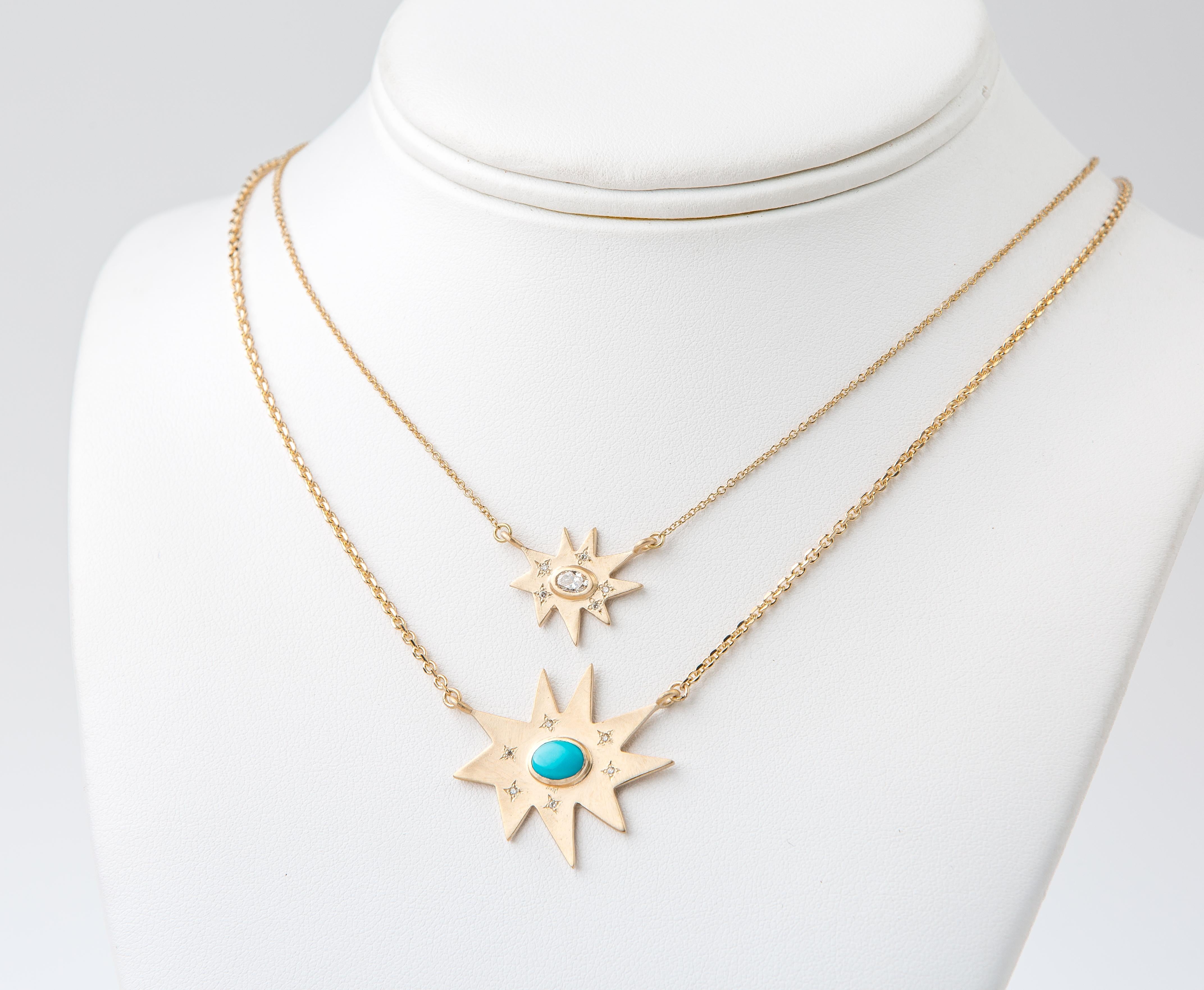 Oval Cut Emily Kuvin Gold Organic Star Pendant Necklace with Turquoise and Diamonds