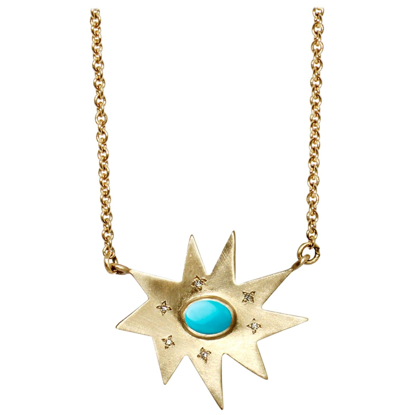 Emily Kuvin Gold Organic Star Pendant Necklace with Turquoise and Diamonds