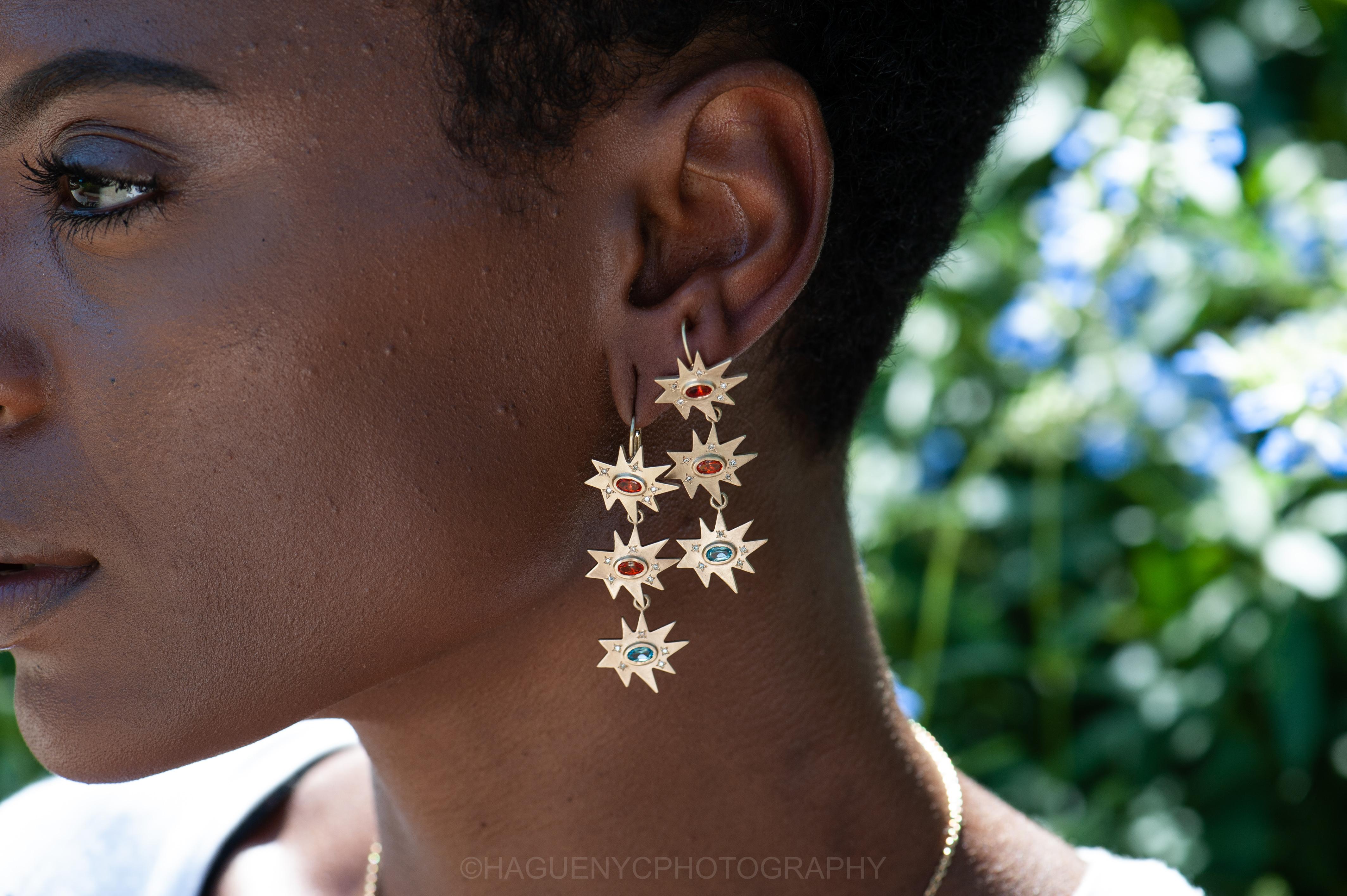 Contemporary Emily Kuvin Gold, Topaz and Diamond Triple Star Earrings