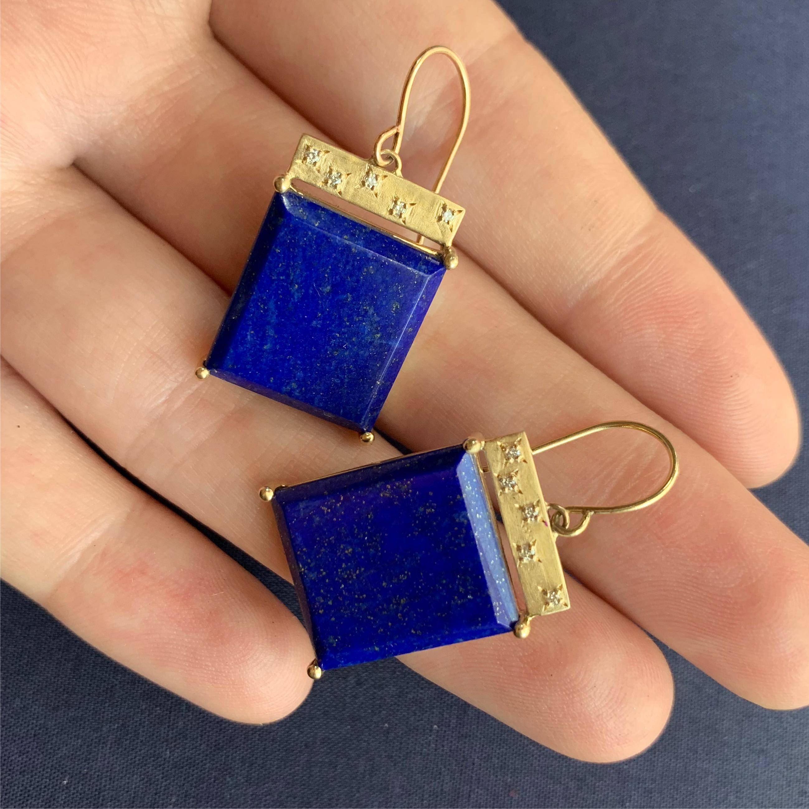 Starry night. Channel Van Gogh's skies and all the beautiful thoughts elicited by this gorgeous deep blue with flecks of gold. The perfect accent for just about everyone for every day, any occasion.

14ky gold with lapis lazuli, .10 cttw white