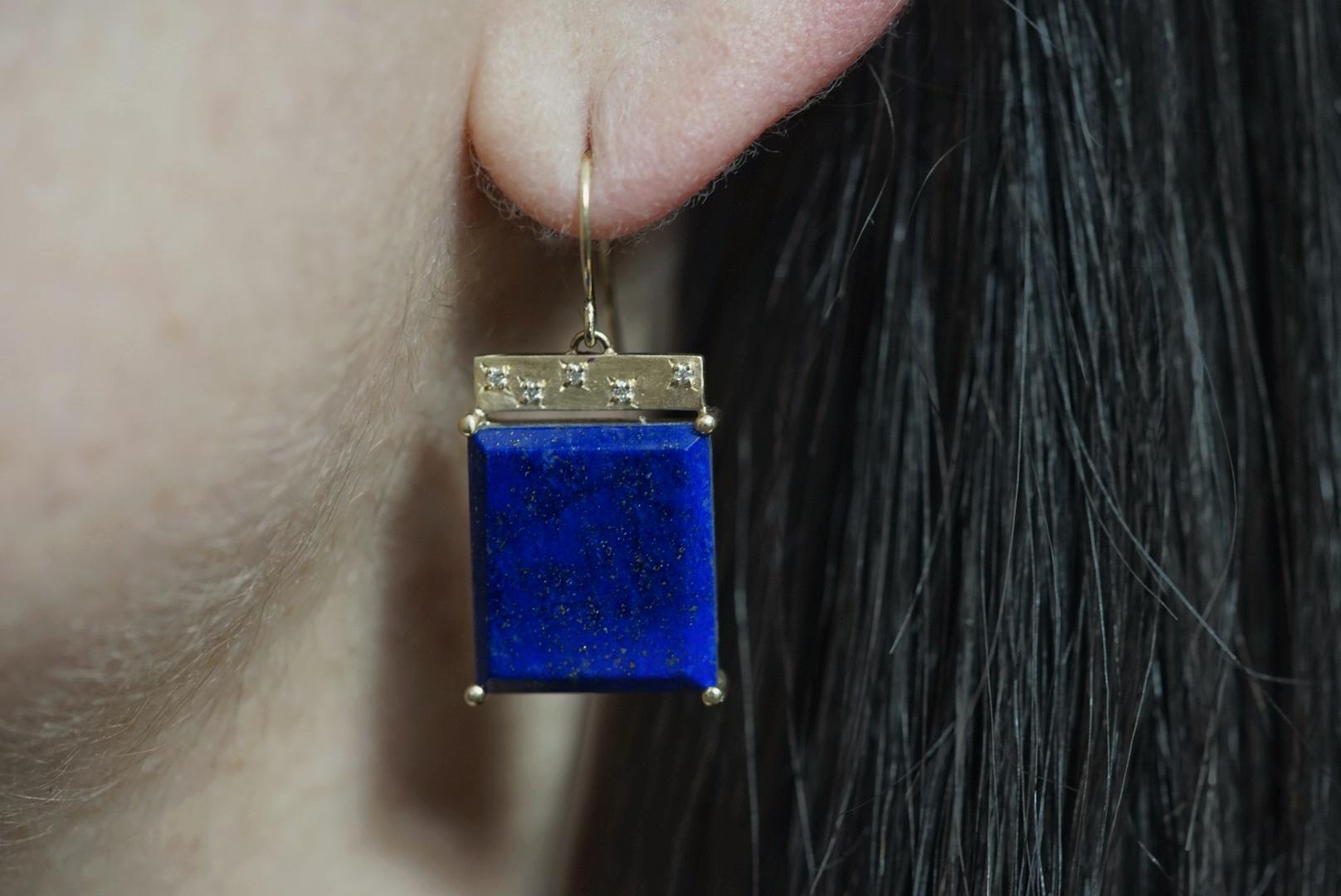 Emily Kuvin Lapis, Diamond and Gold Tile Earrings In New Condition In New York, NY