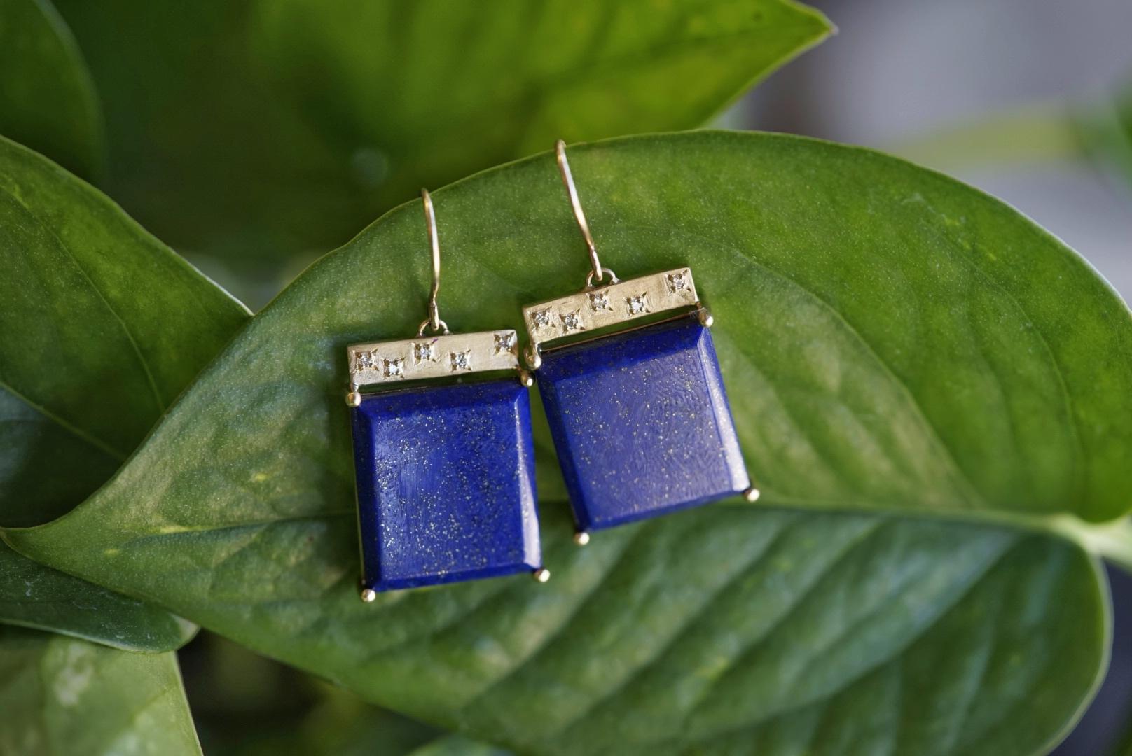 Contemporary Emily Kuvin Lapis, Diamond and Gold Tile Earrings