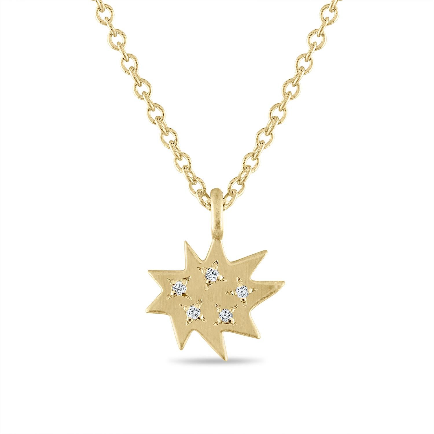 Elegant and adorable! Our Mini Stella Necklace is the perfect piece to layer or wear alone. Our iconic 14k gold organic star in a new delicate size hangs on a 14k gold chain and sparkles with just the right number of little diamonds. 

KAPOW! The