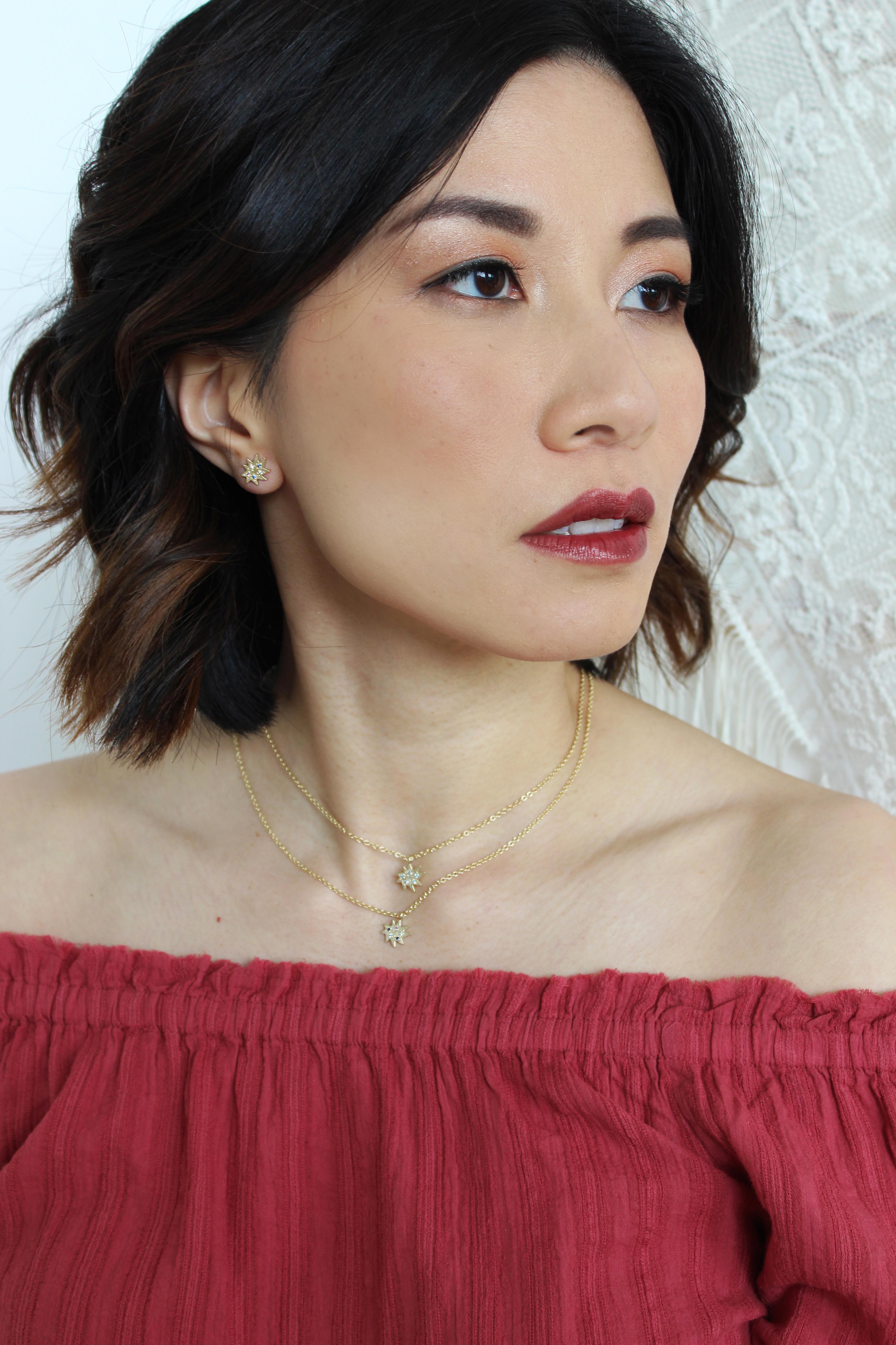 Contemporary Emily Kuvin Mini Stella Gold and Ruby Star Necklace