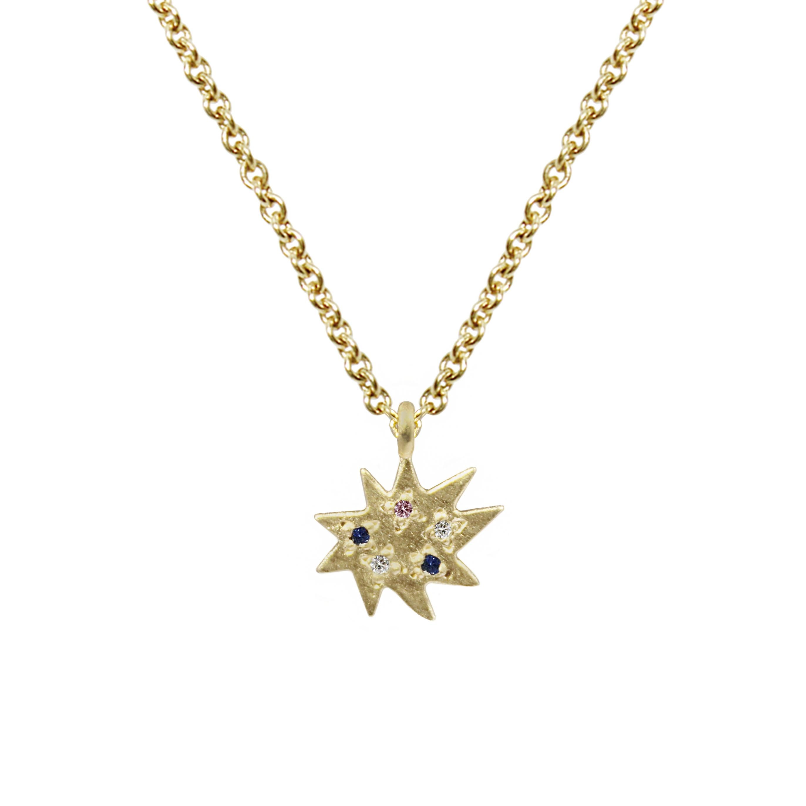 Emily Kuvin Mini Stella Gold, Diamond and Multi Sapphire Organic Star Necklace
