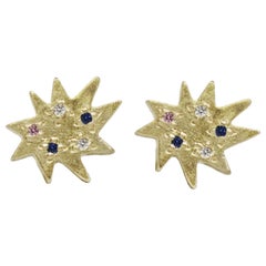 Emily Kuvin Mini Stella Gold, Diamond and Sapphire Organic Star Stud Earrings