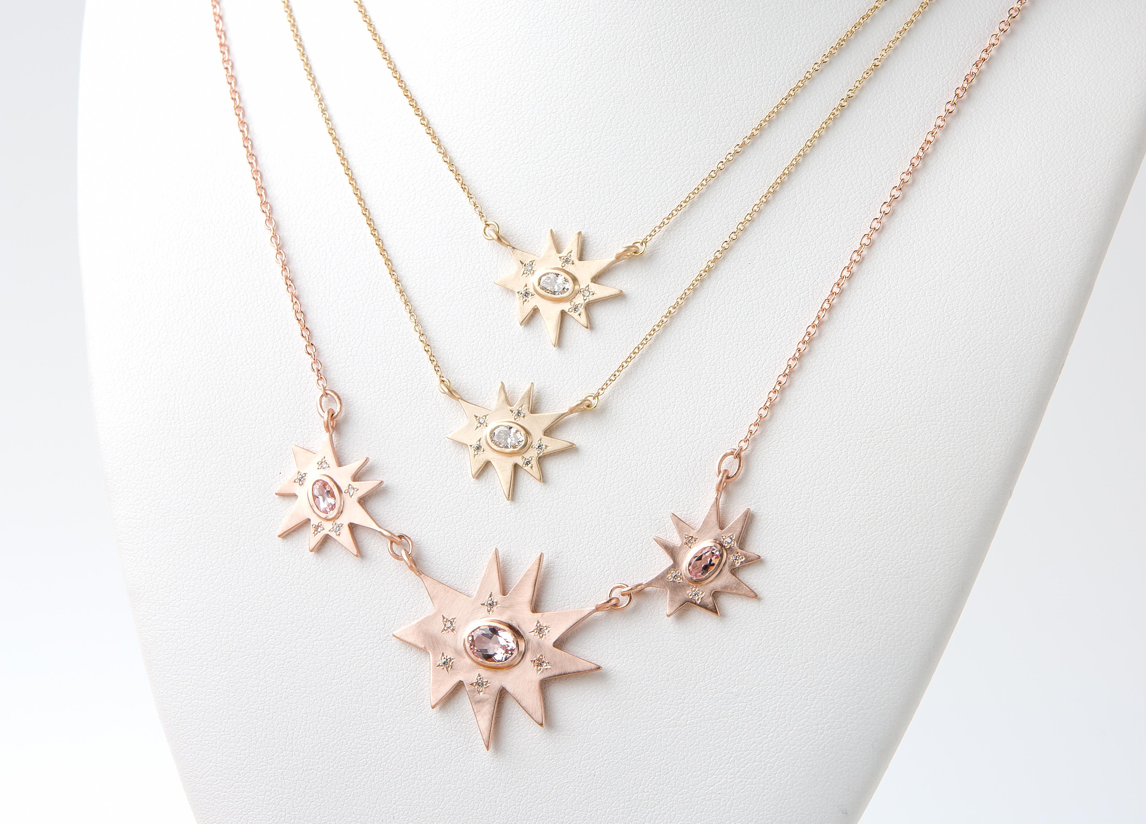 Stunning times three. Our Piccolo Grand Stella Necklace in warm rose gold features sparkly morganite in our center organic shape Stella star and accenting Stellina stars. All dusted with diamonds and hanging on a substantial chain, this warm pink