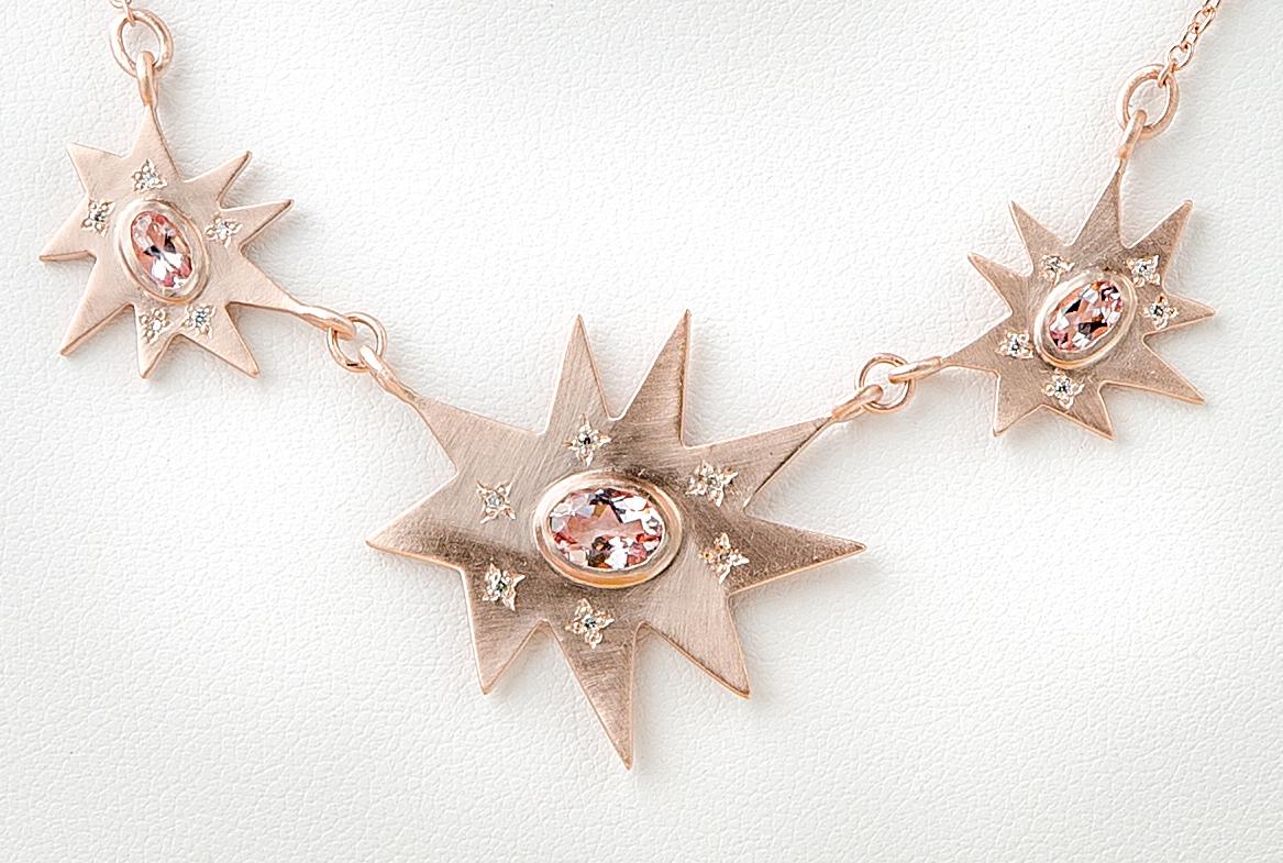 Contemporary Emily Kuvin Rose Gold, Diamond and Morganite Triple Organic Star Necklace