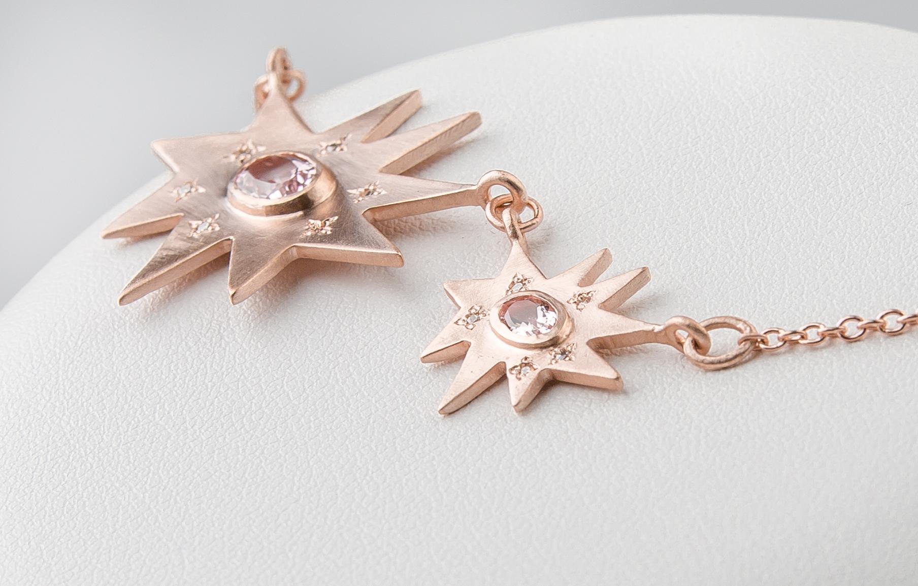 Emily Kuvin Rose Gold, Diamond and Morganite Triple Organic Star Necklace In New Condition In New York, NY
