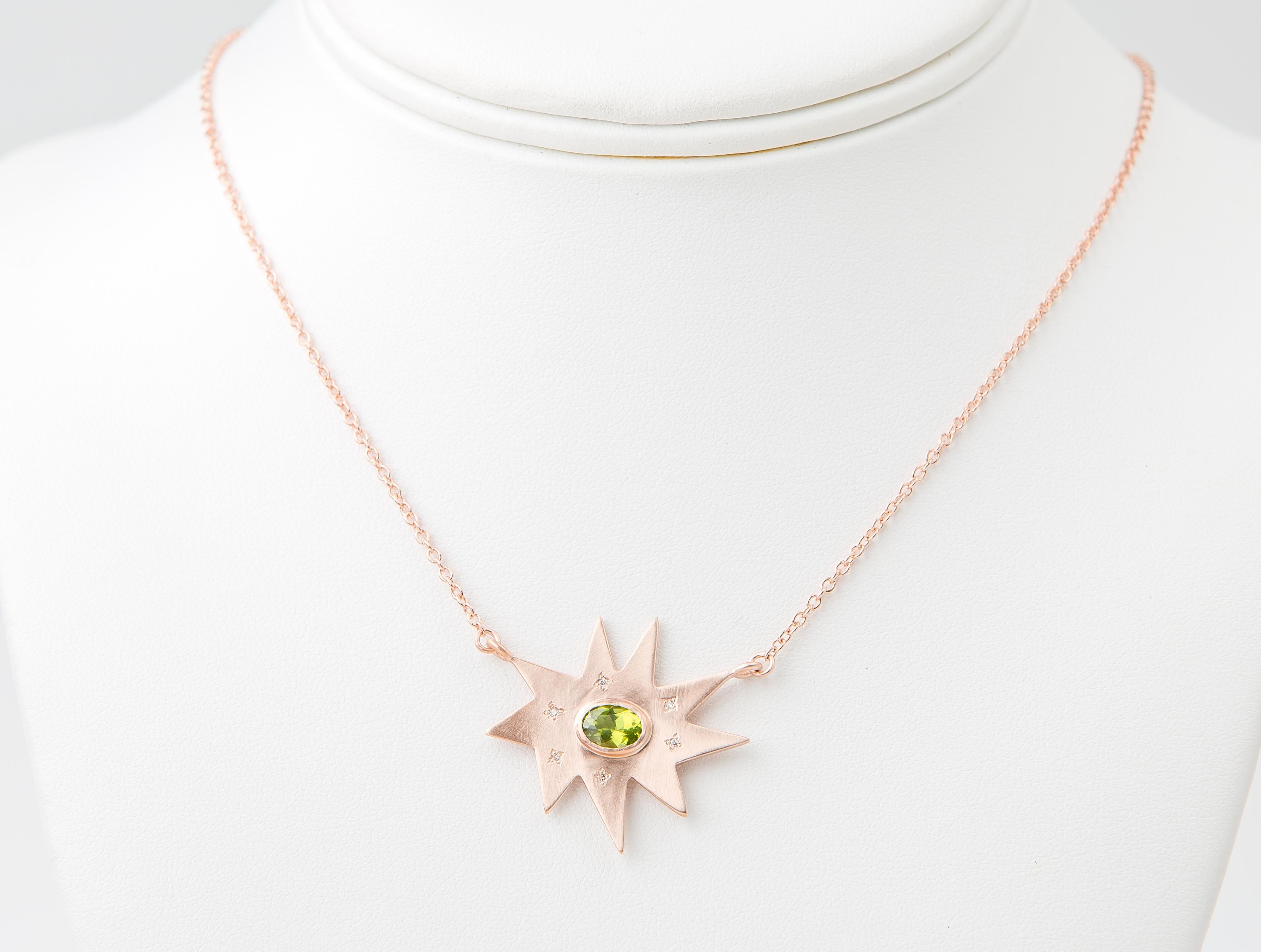 Contemporary Emily Kuvin Rose Gold, Peridot and Diamond Organic Star Shape Pendant Necklace
