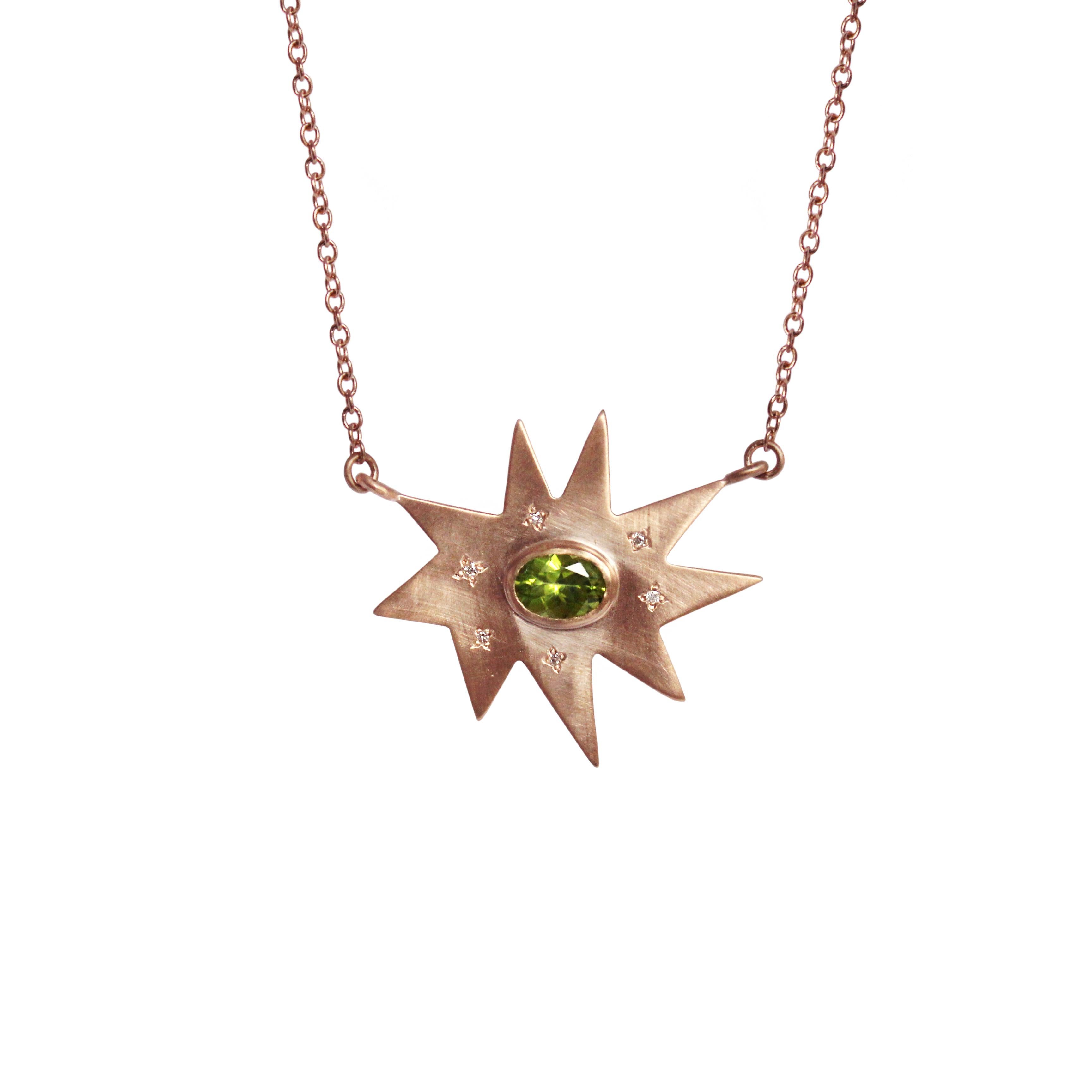 Emily Kuvin Rose Gold, Peridot and Diamond Organic Star Shape Pendant Necklace