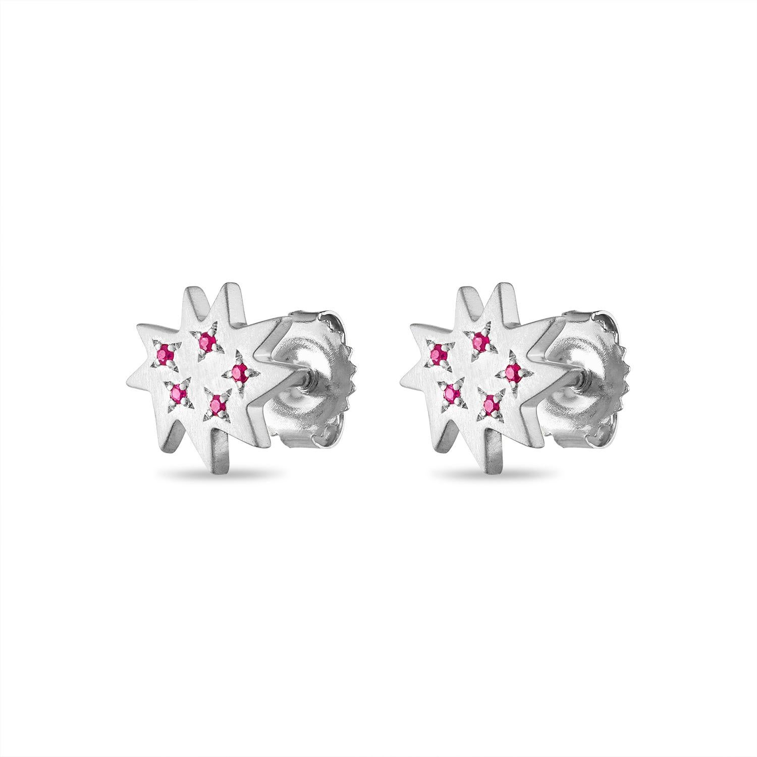 Perfect everyday earrings! Our new Mini Stella Studs go from morning to night with ease. Our iconic  silver organic star in our delicate mini size flatters everyone and adds a touch of sparkle with five tiny rubies on each stud. And now through the