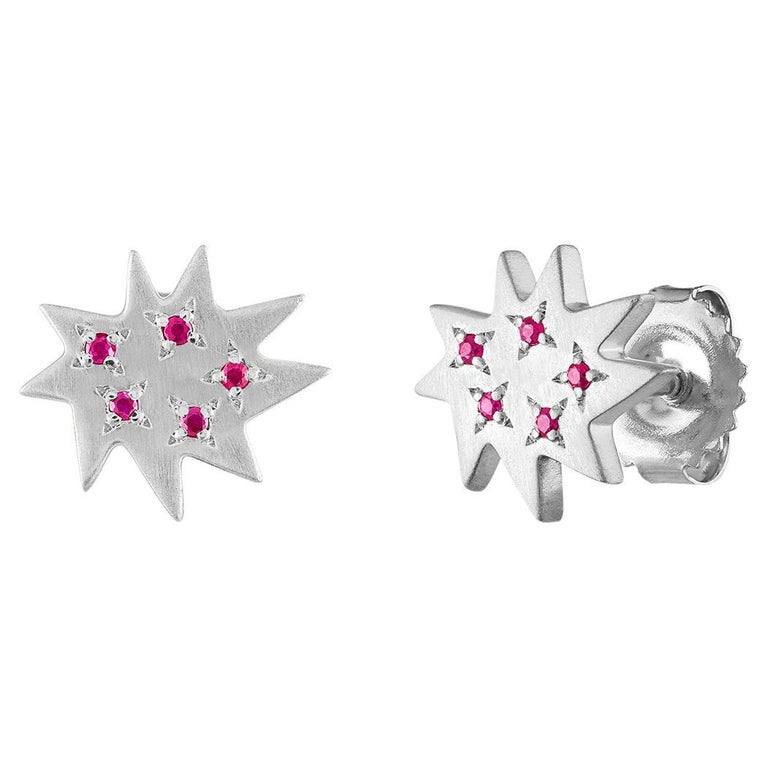 Emily Kuvin Silver and Ruby Mini Stella Stud Earrings For Sale