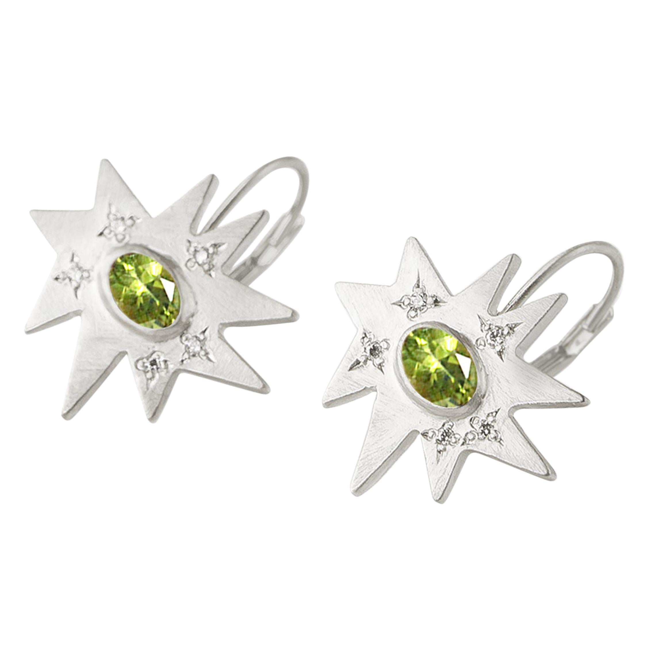 Emily Kuvin Silver, Diamond and Peridot Star Drop Lever Back Earrings