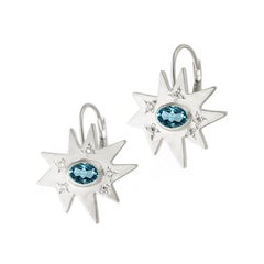 Emily Kuvin Silver, Diamond and Swiss Blue Topaz Star Drop Lever Back Earrings