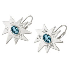Emily Kuvin Silver, Diamond and Swiss Blue Topaz Star Drop Lever Back Earrings