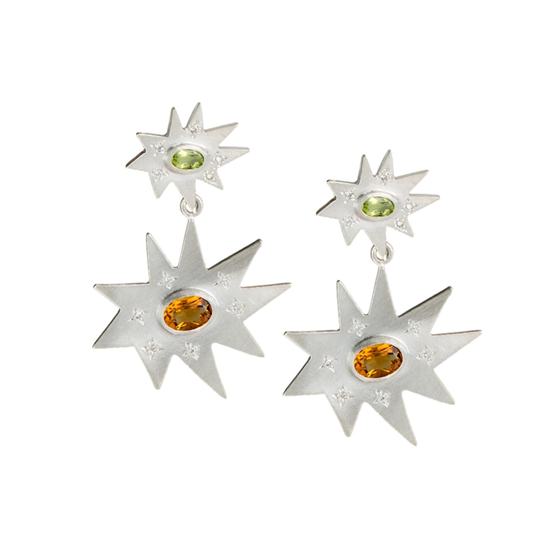 Emily Kuvin Silver Double Star Statement Earrings, Peridot and Citrine For Sale