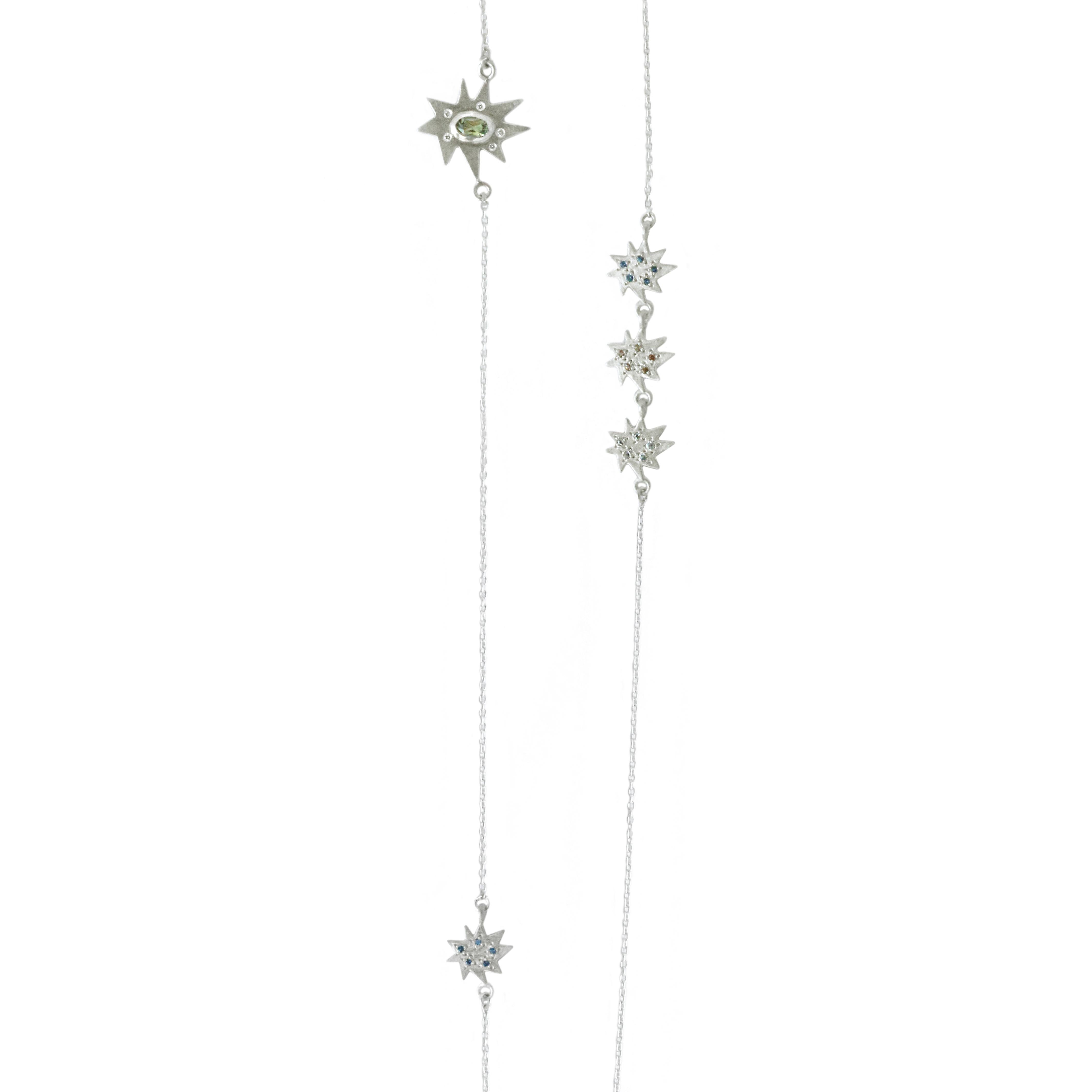 Go long or go home! Our Stella Mixed Element Station Necklace is another one that's fabulous on its own, or as a most versatile layering piece. Sterling silver: one Stellina, four Mini Stella stars and two bezel set stones make this piece an instant