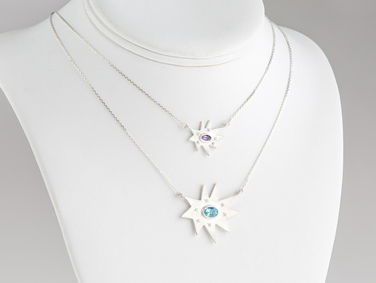 Contemporary Emily Kuvin Silver Organic Star Shape Necklace with Diamonds and Amethyst