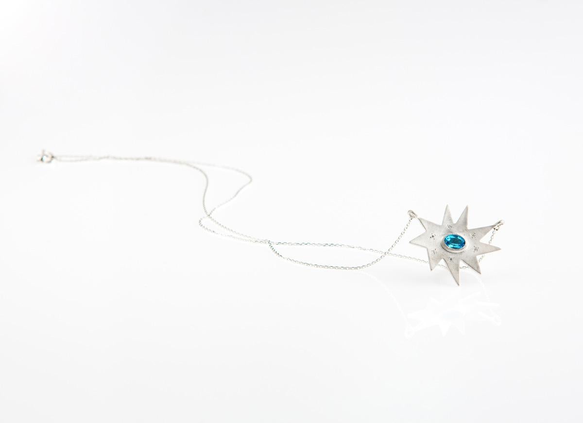 Contemporary Emily Kuvin Silver Organic Star Shape Necklace with Diamonds and Blue Topaz